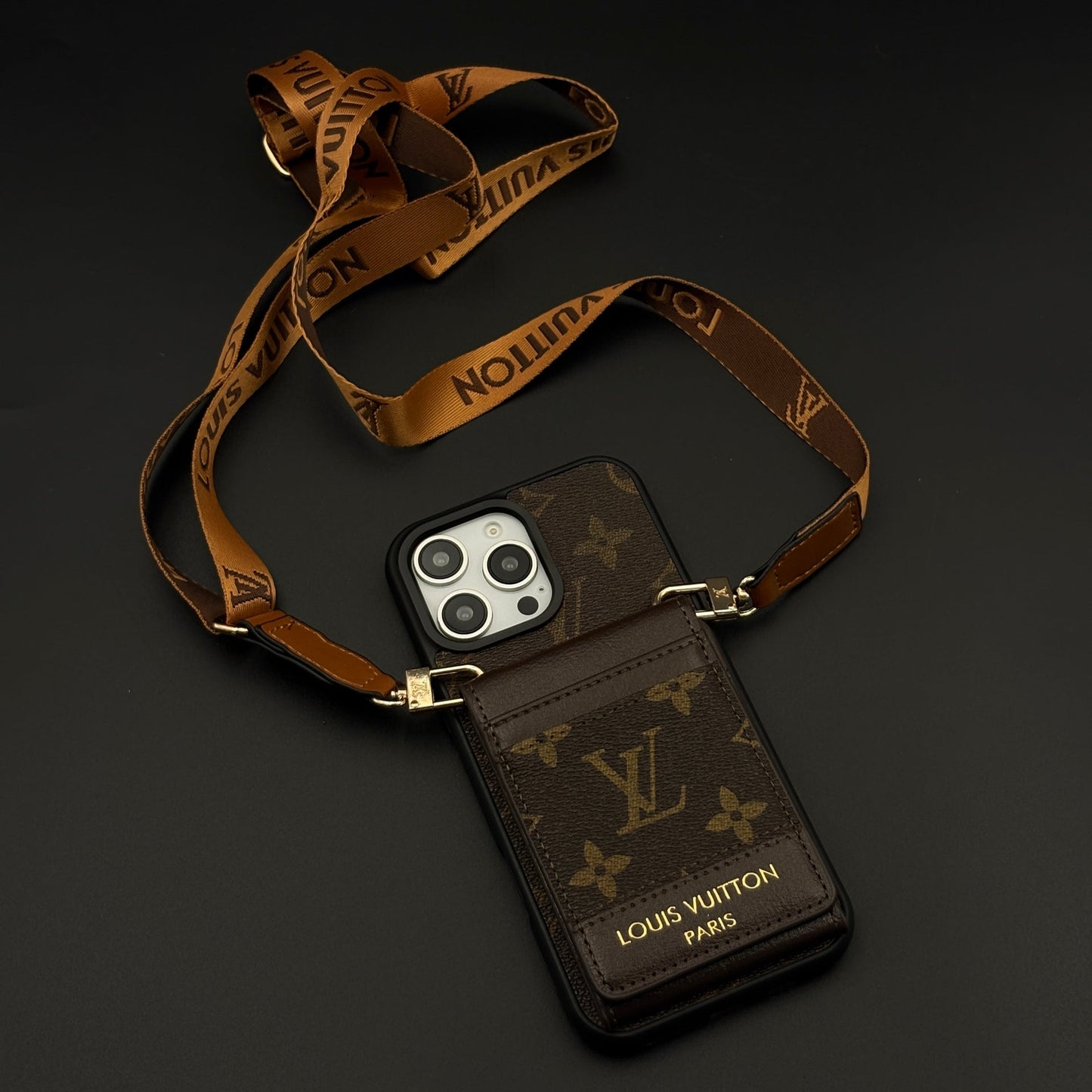 Luxury Fashion Brand Monogram Cardholder Sling Case with Mirror for iPhone