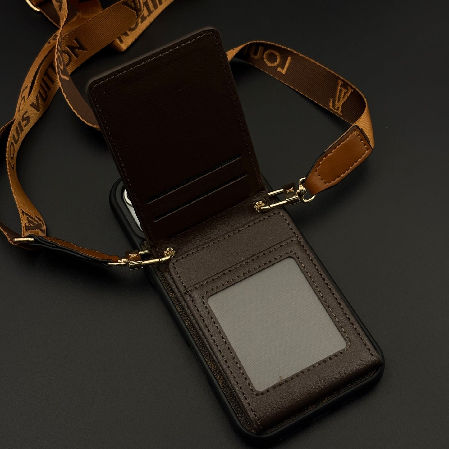 Luxury Fashion Brand Monogram Cardholder Sling Case with Mirror for iPhone