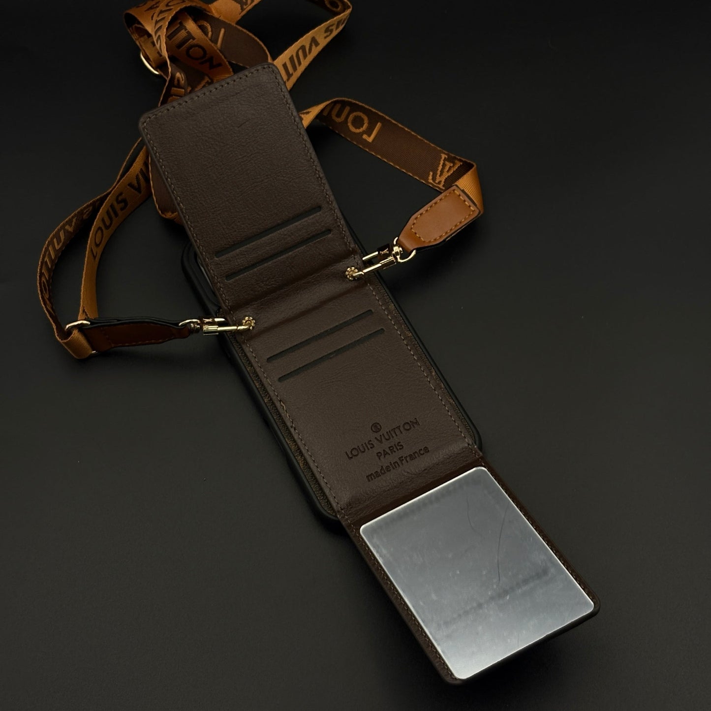 Luxury Fashion Brand Monogram Cardholder Sling Case with Mirror for iPhone