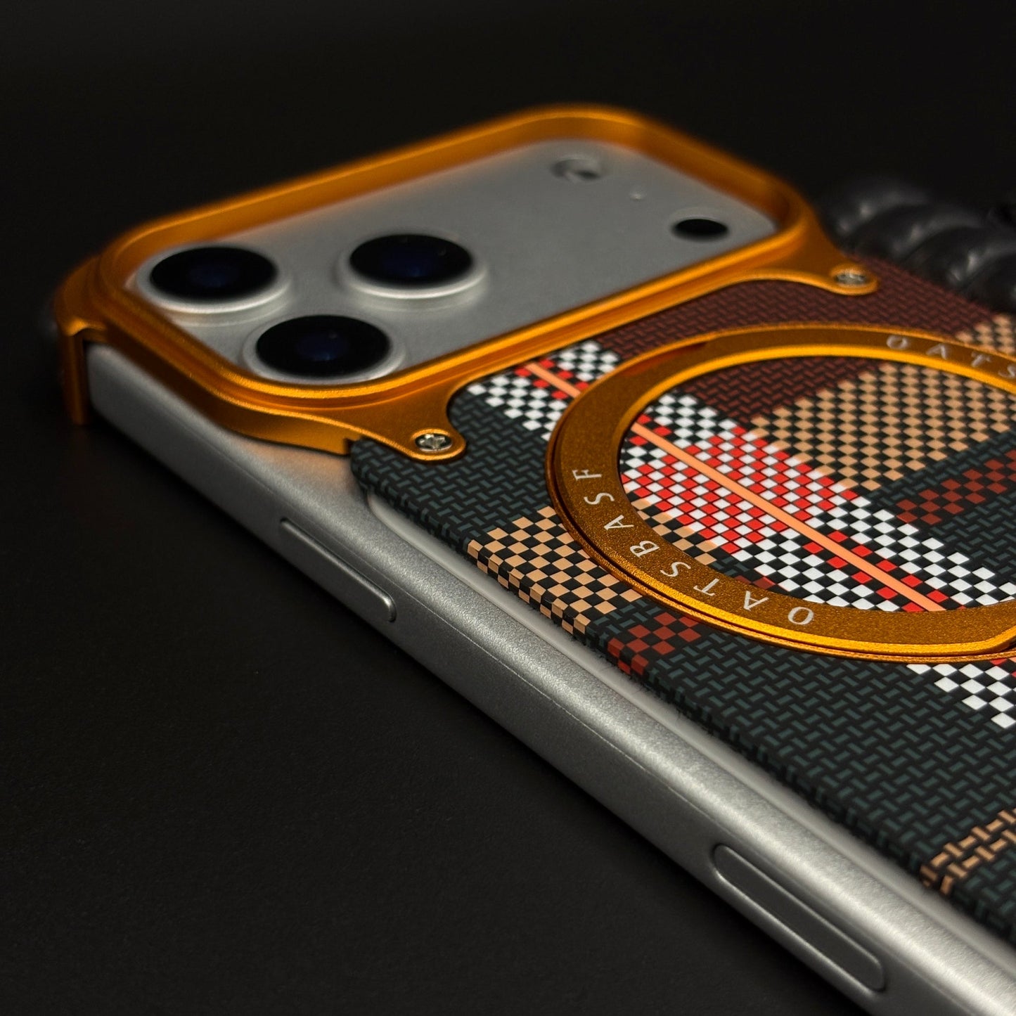 Orange Plaid Frameless Carbon Fiber MagSafe Case for iPhone 17 Series | Rotating Kickstand Bumper with Corners