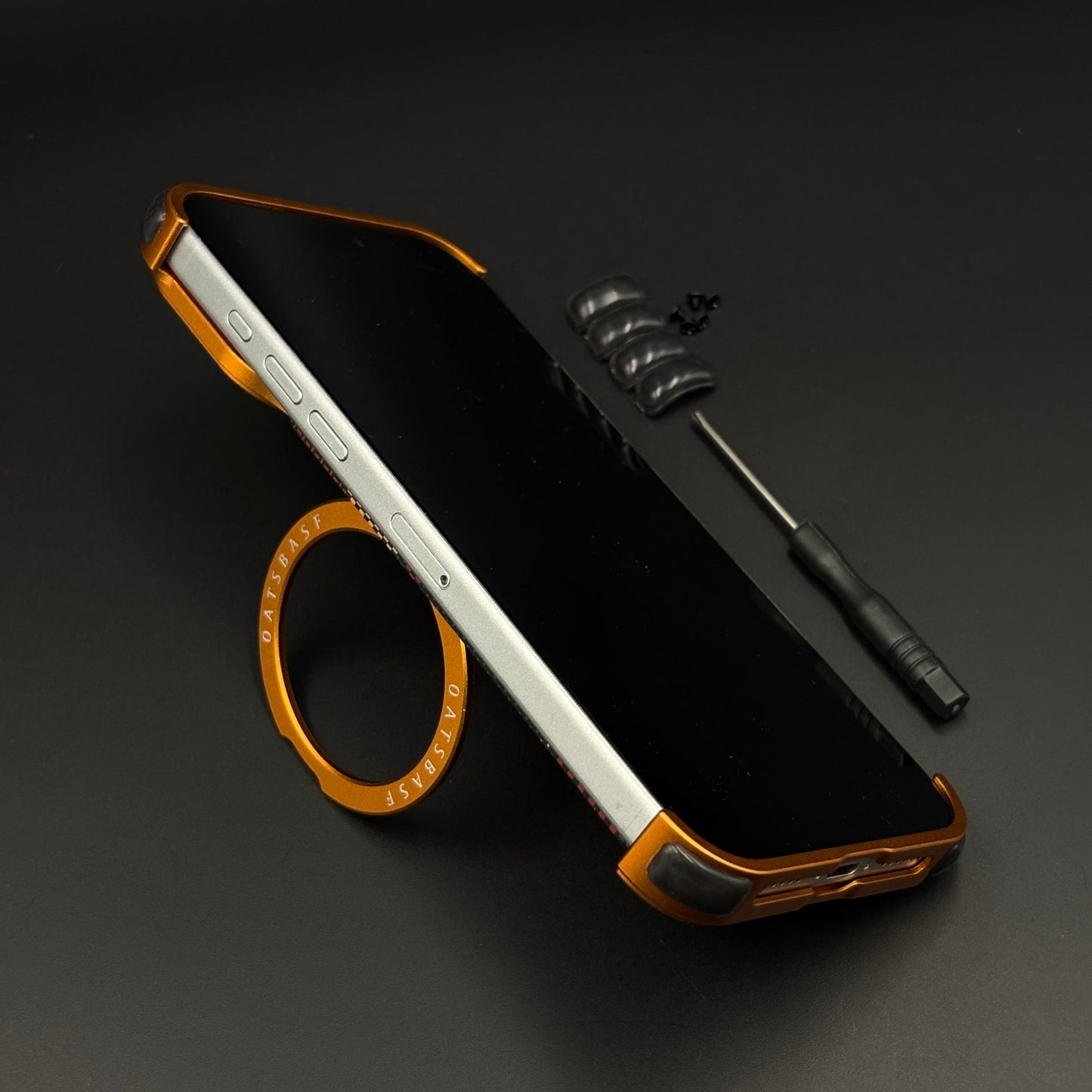 Orange Plaid Frameless Carbon Fiber MagSafe Case for iPhone 17 Series | Rotating Kickstand Bumper with Corners
