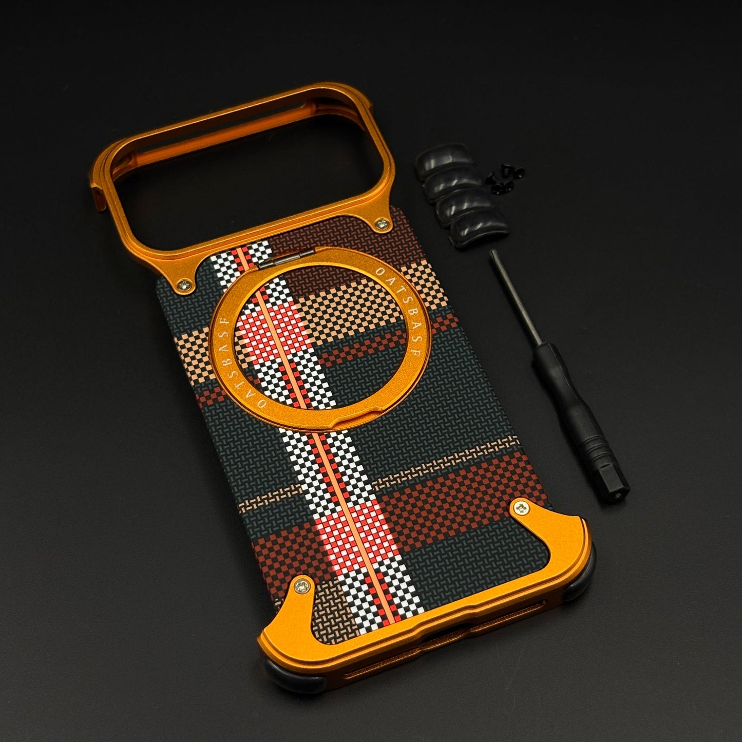 Orange Plaid Frameless Carbon Fiber MagSafe Case for iPhone 17 Series | Rotating Kickstand Bumper with Corners