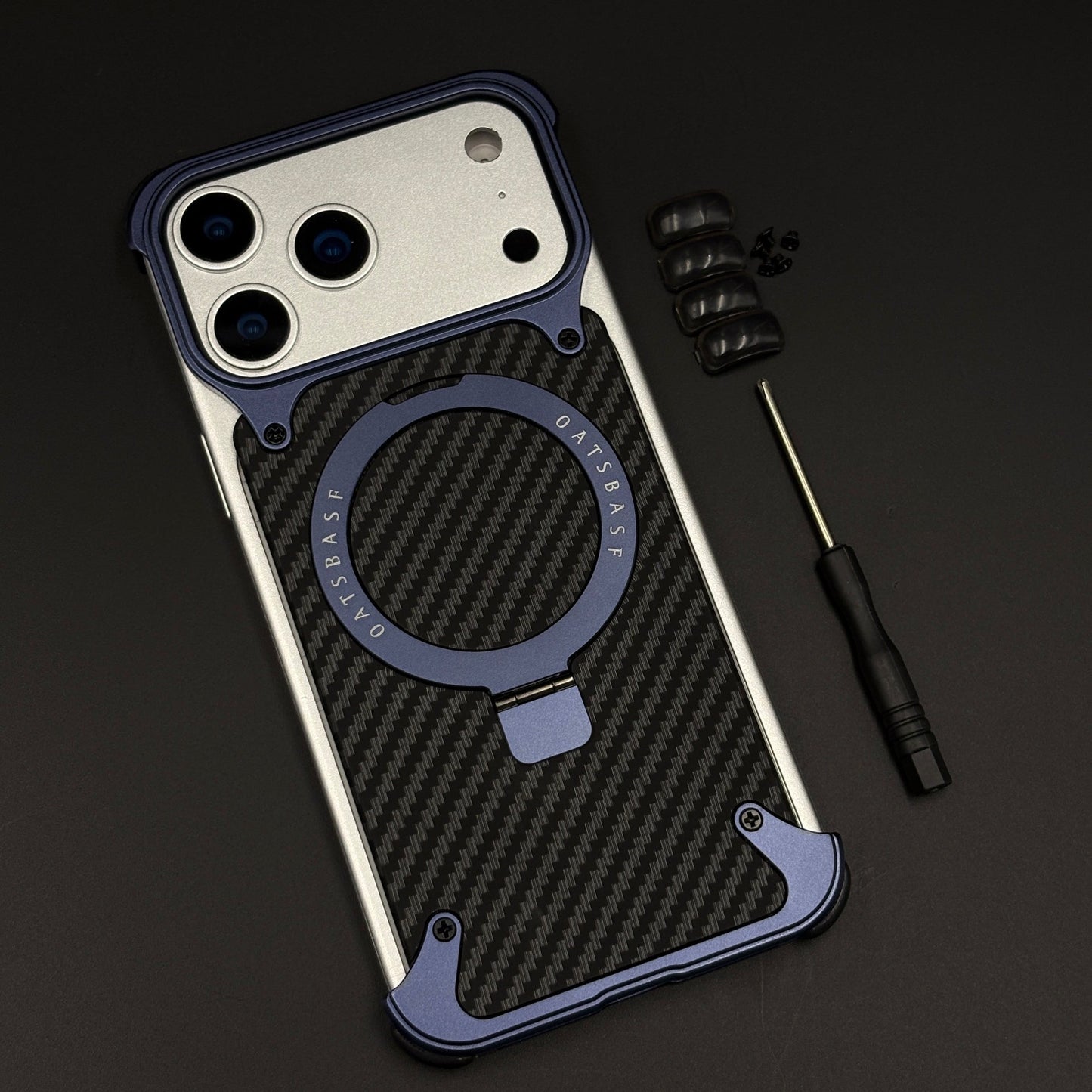 Frameless Carbon Fiber MagSafe Case for iPhone 17 Series | Rotating Kickstand Bumper with Corners