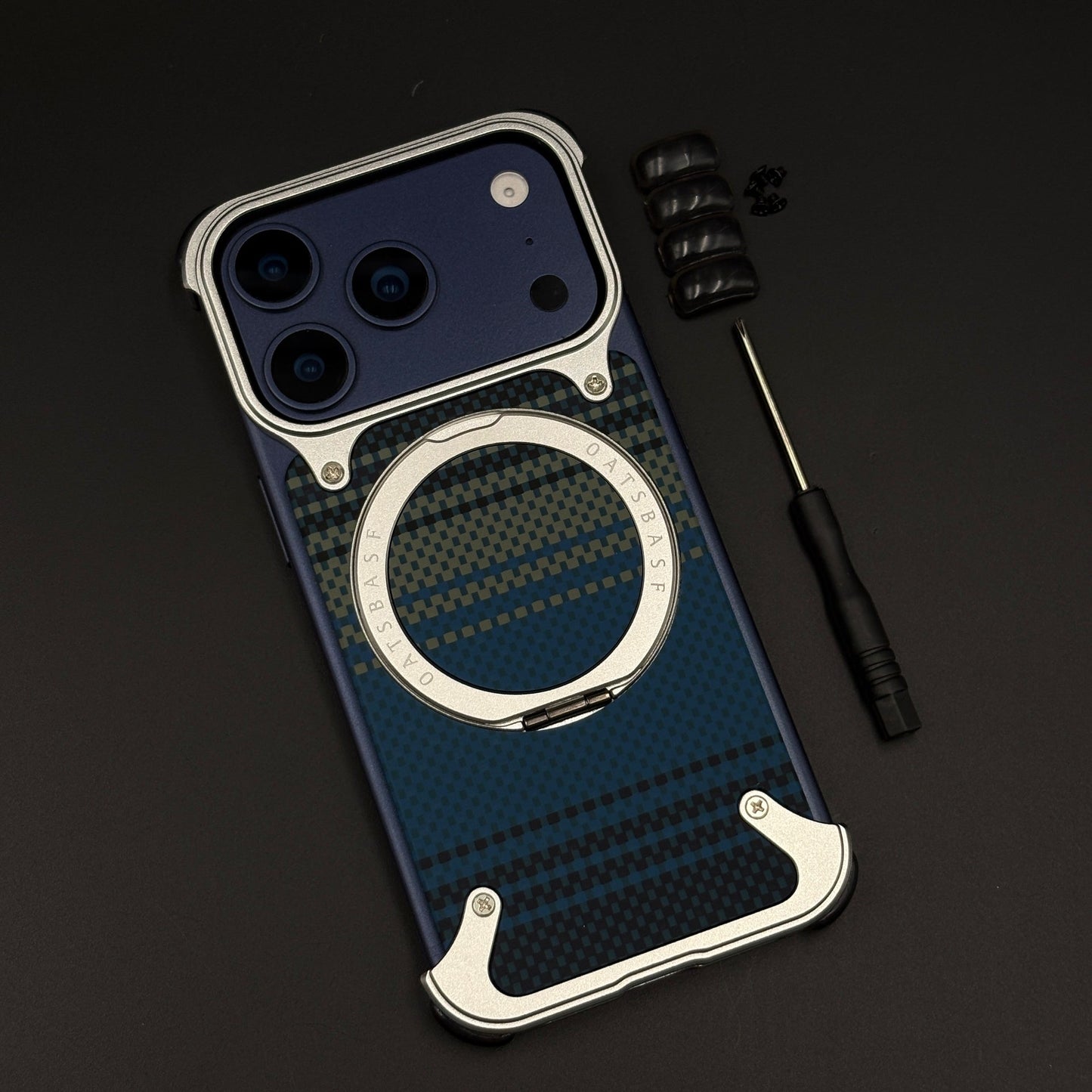 Teal Plaid Frameless Carbon Fiber MagSafe Case for iPhone 17 Series | Rotating Kickstand Bumper with Corners