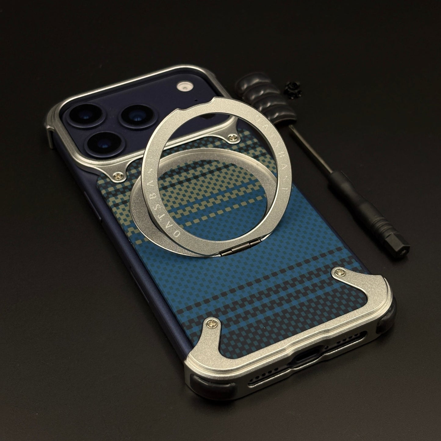 Teal Plaid Frameless Carbon Fiber MagSafe Case for iPhone 17 Series | Rotating Kickstand Bumper with Corners