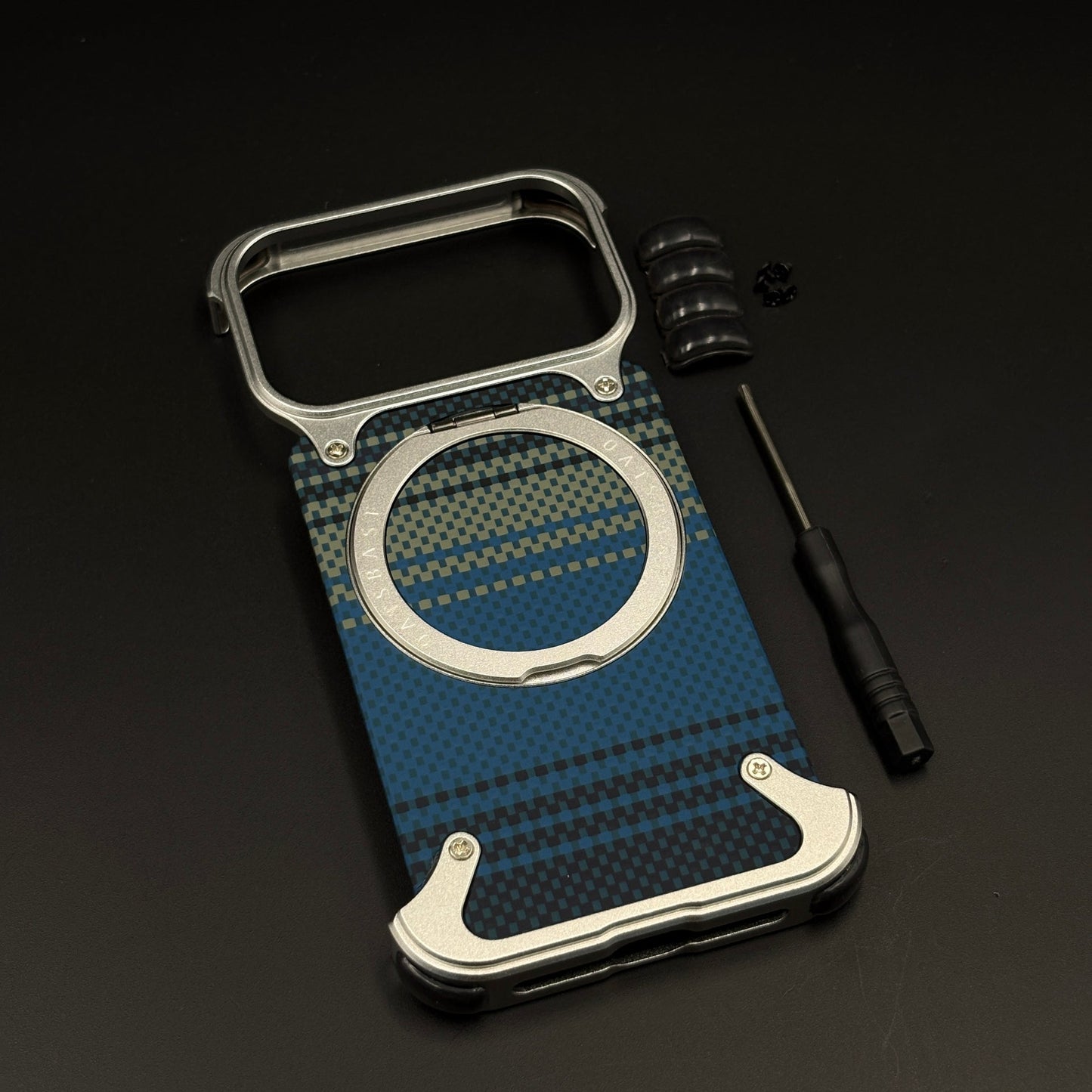 Teal Plaid Frameless Carbon Fiber MagSafe Case for iPhone 17 Series | Rotating Kickstand Bumper with Corners
