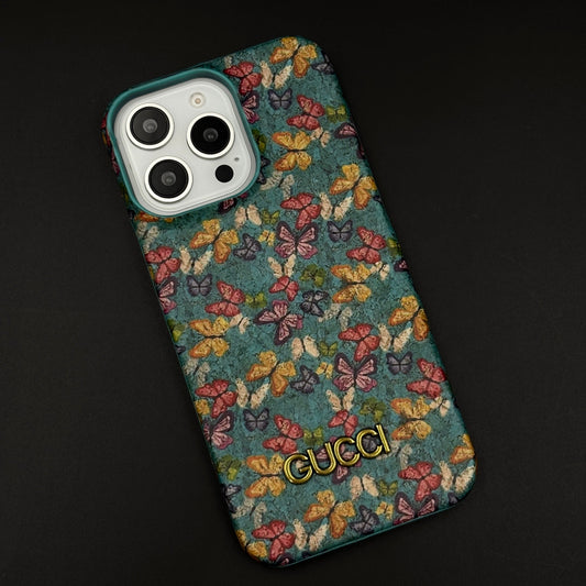 GG Butterfly Pattern Leather Case for iPhone Series | Luxury Designer Shockproof Cover