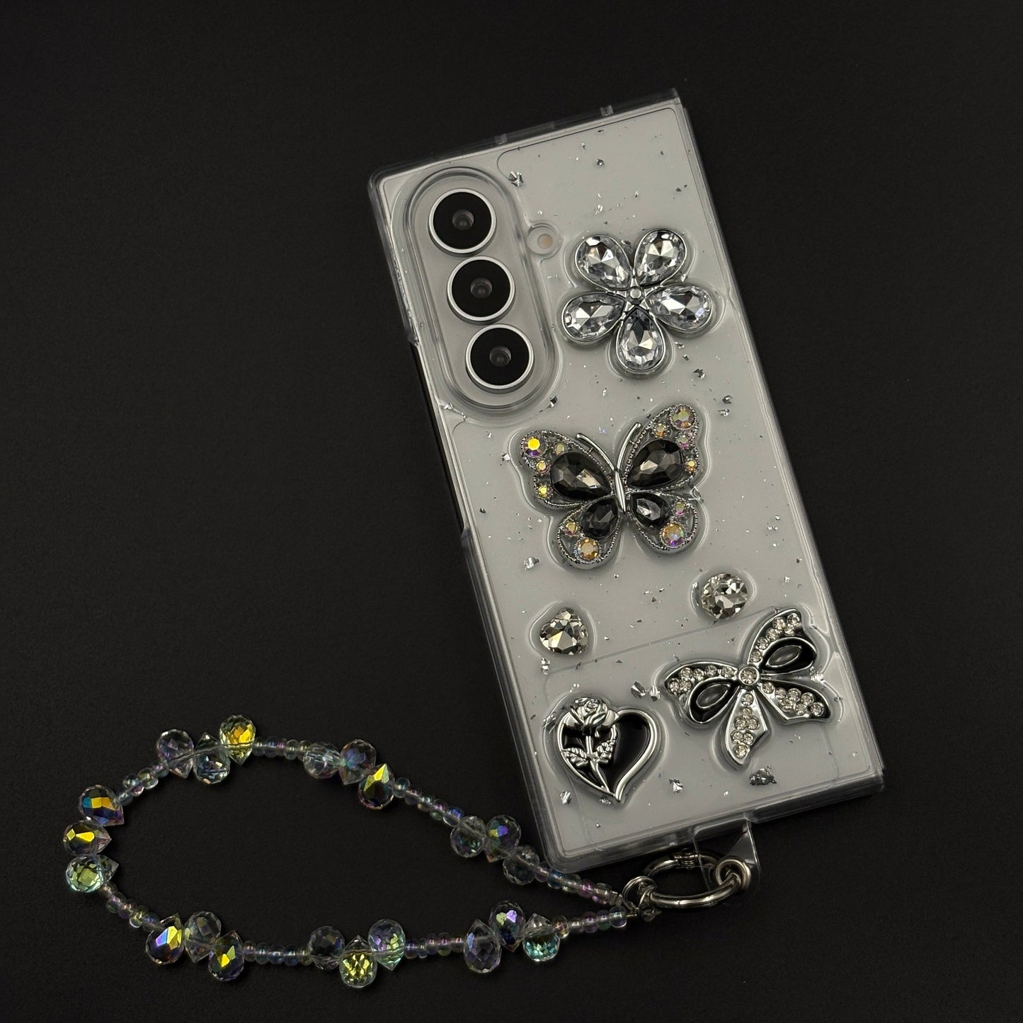 Rhinestone Butterfly Floral & Bow Charm Case with Beaded Sling for Samsung Galaxy Z Fold 8 Ultra