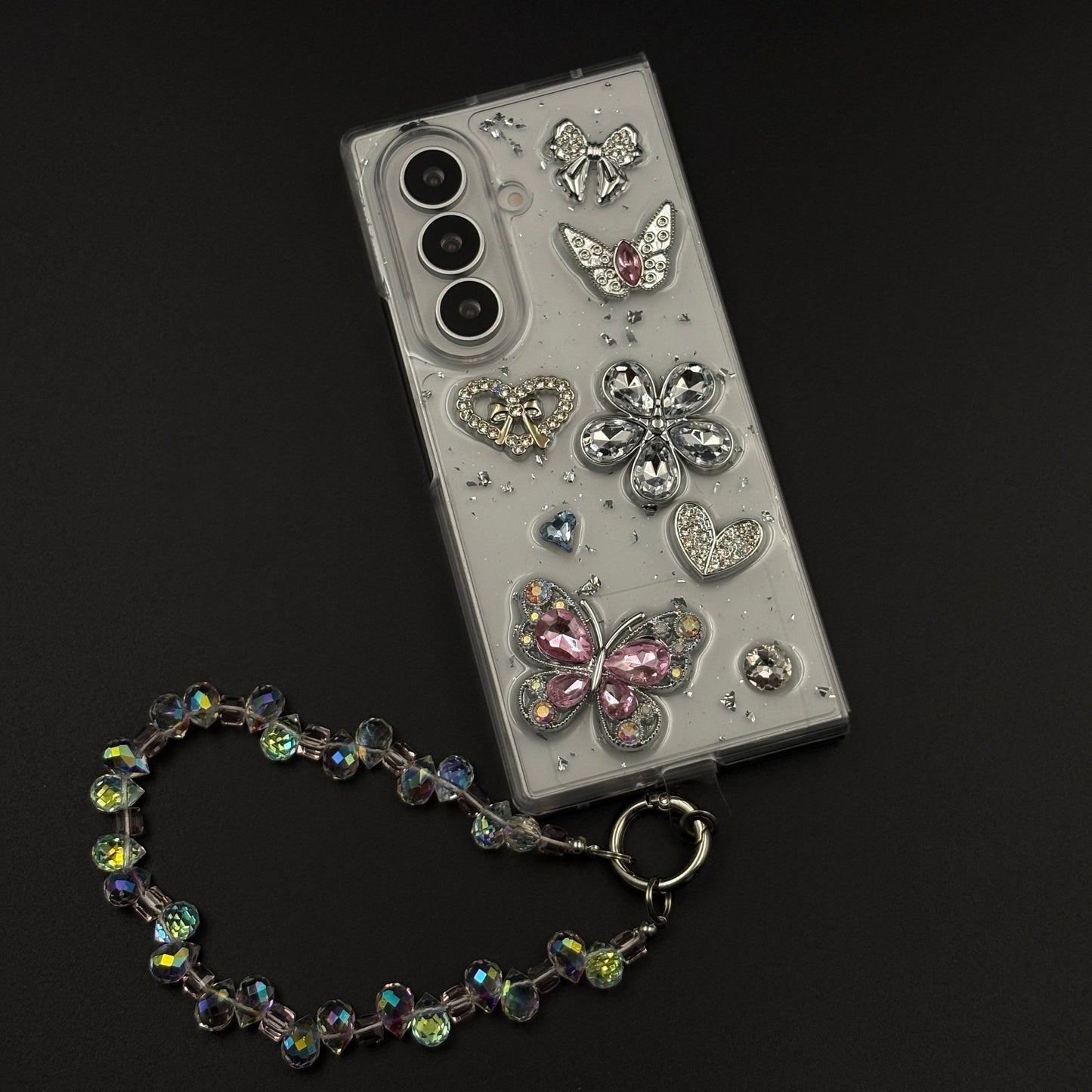 Rhinestone Butterfly Case with Beaded Heart Sling for Samsung Galaxy Z Fold 8 Ultra
