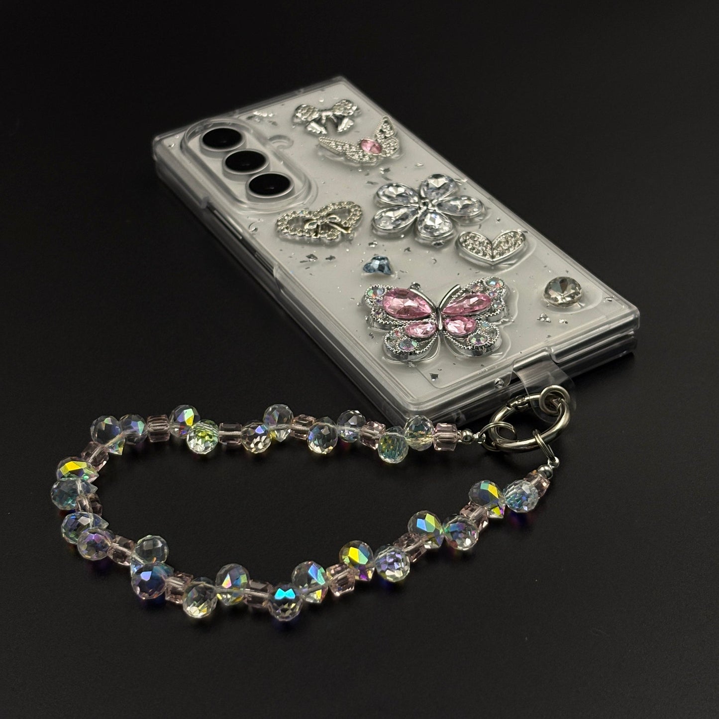 Rhinestone Butterfly Case with Beaded Heart Sling for Samsung Galaxy Z Fold 8 Ultra