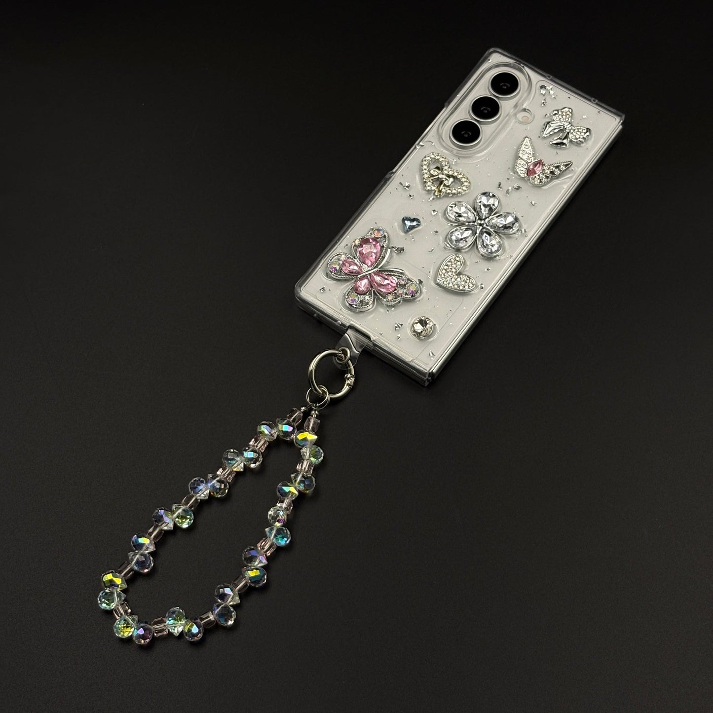 Rhinestone Butterfly Case with Beaded Heart Sling for Samsung Galaxy Z Fold 8 Ultra