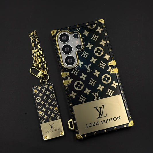Black Gold Monogram Square Trunk Mobile Case Cover with Chain Strap for Samsung Galaxy S26 Ultra