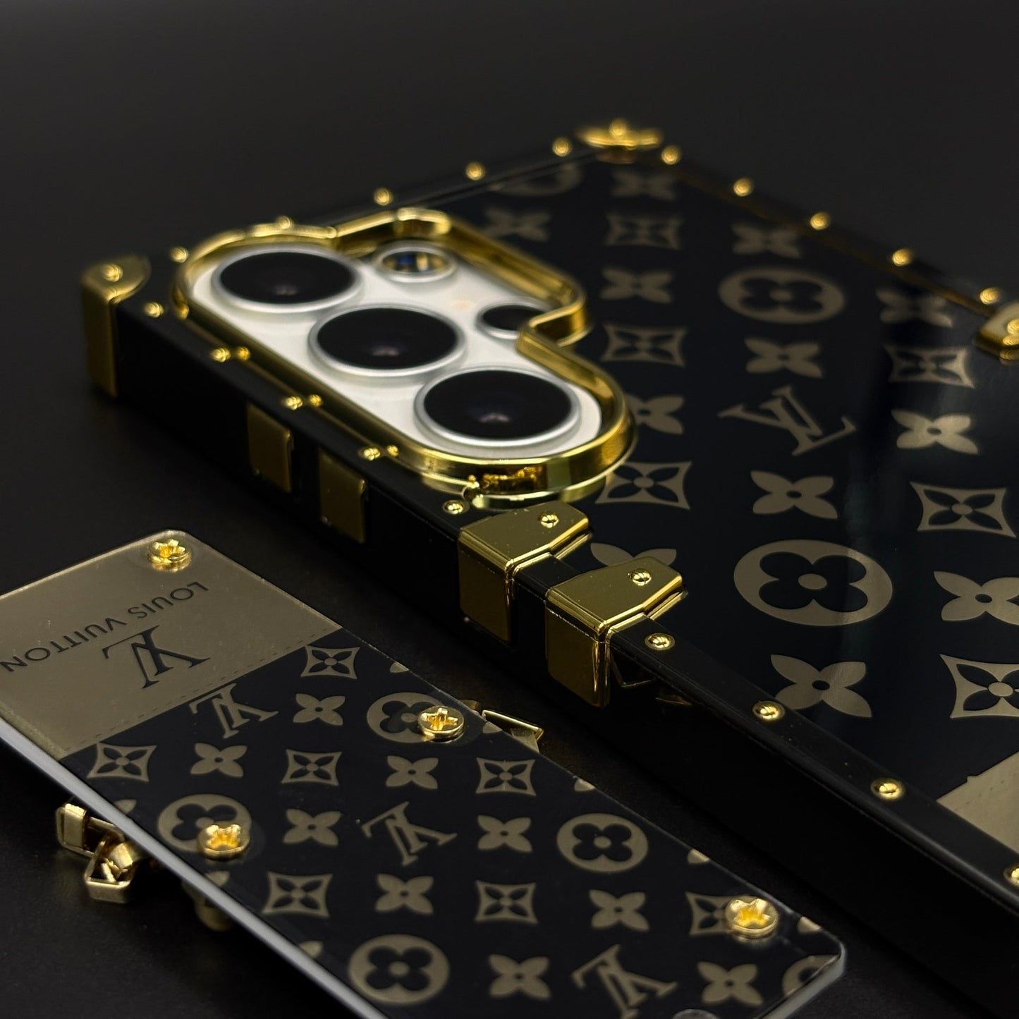 Black Gold Monogram Square Trunk Mobile Case Cover with Chain Strap for Samsung Galaxy S26 Ultra
