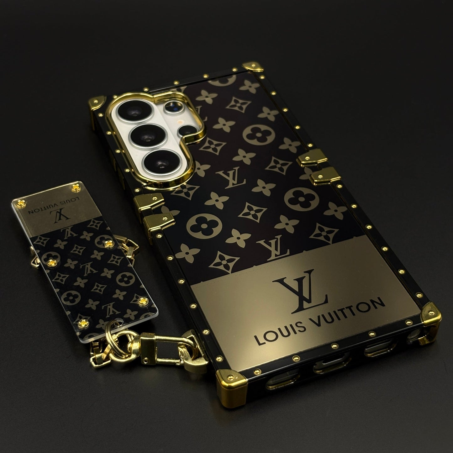 Black Gold Monogram Square Trunk Mobile Case Cover with Chain Strap for Samsung Galaxy S26 Ultra