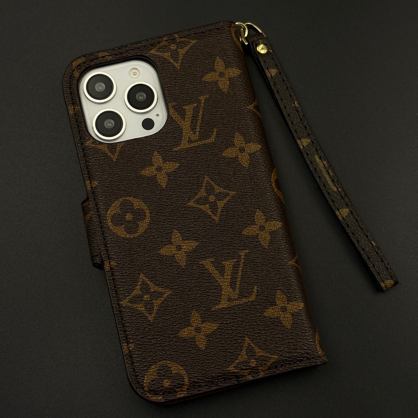 Monogram Flip Wallet Case for iPhone 16 Pro Max with Card Slots | ID Window & Wrist Strap