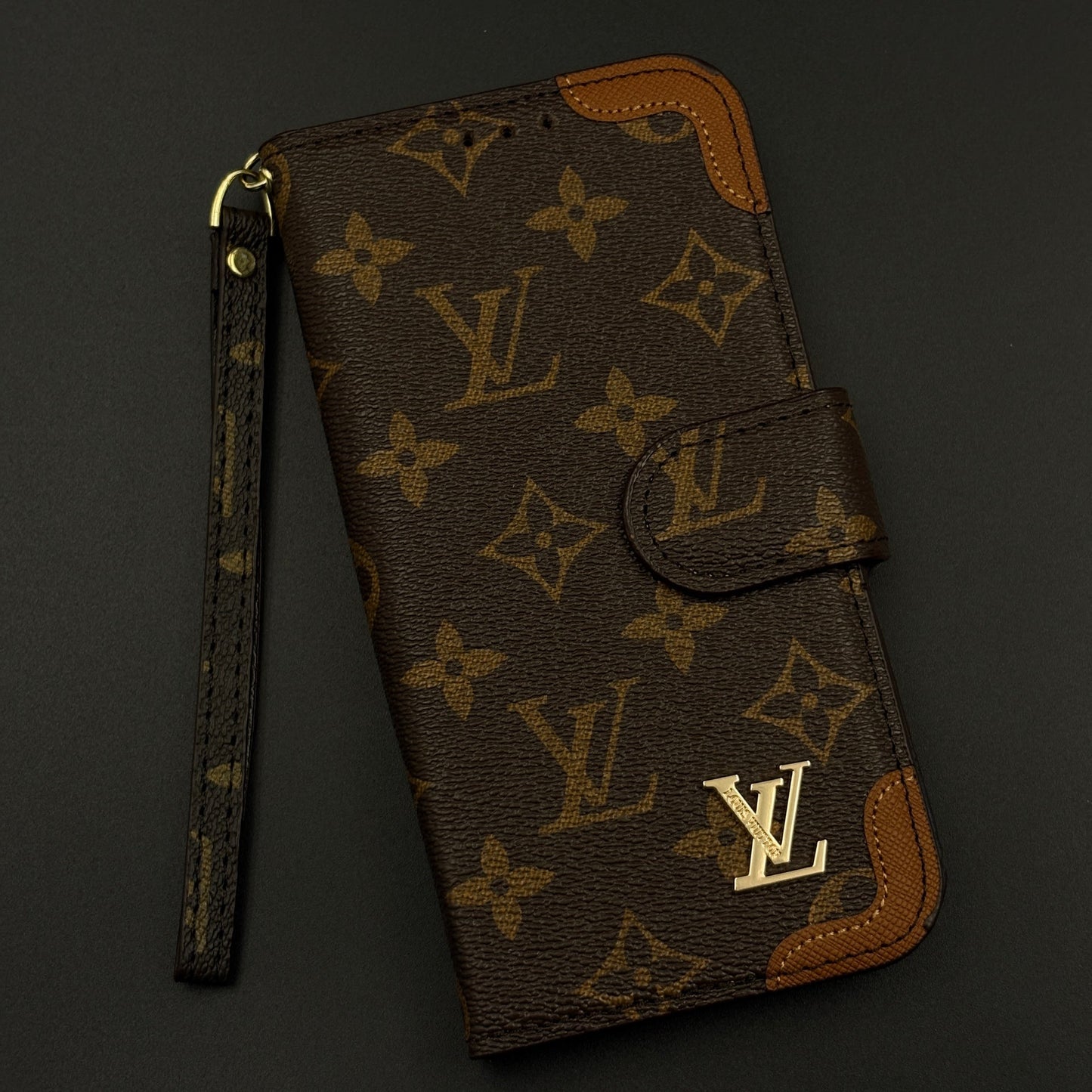 Monogram Flip Wallet Case for iPhone 16 Pro Max with Card Slots | ID Window & Wrist Strap