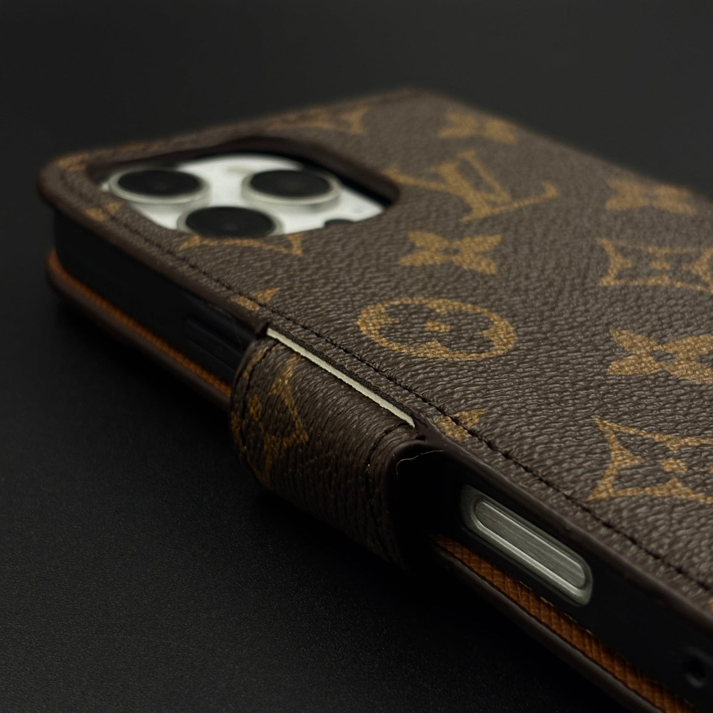 Monogram Flip Wallet Case for iPhone 16 Pro Max with Card Slots | ID Window & Wrist Strap