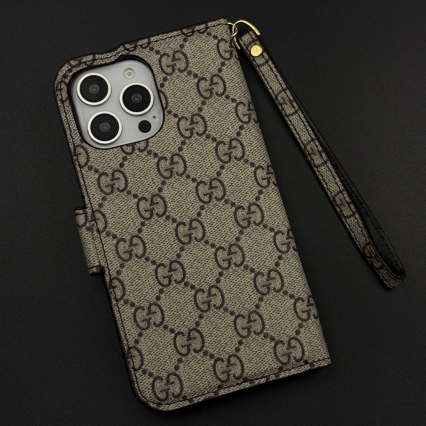 GG Monogram Flip Wallet Case for iPhone 16 Pro Max with Card Slots | ID Window & Wrist Strap