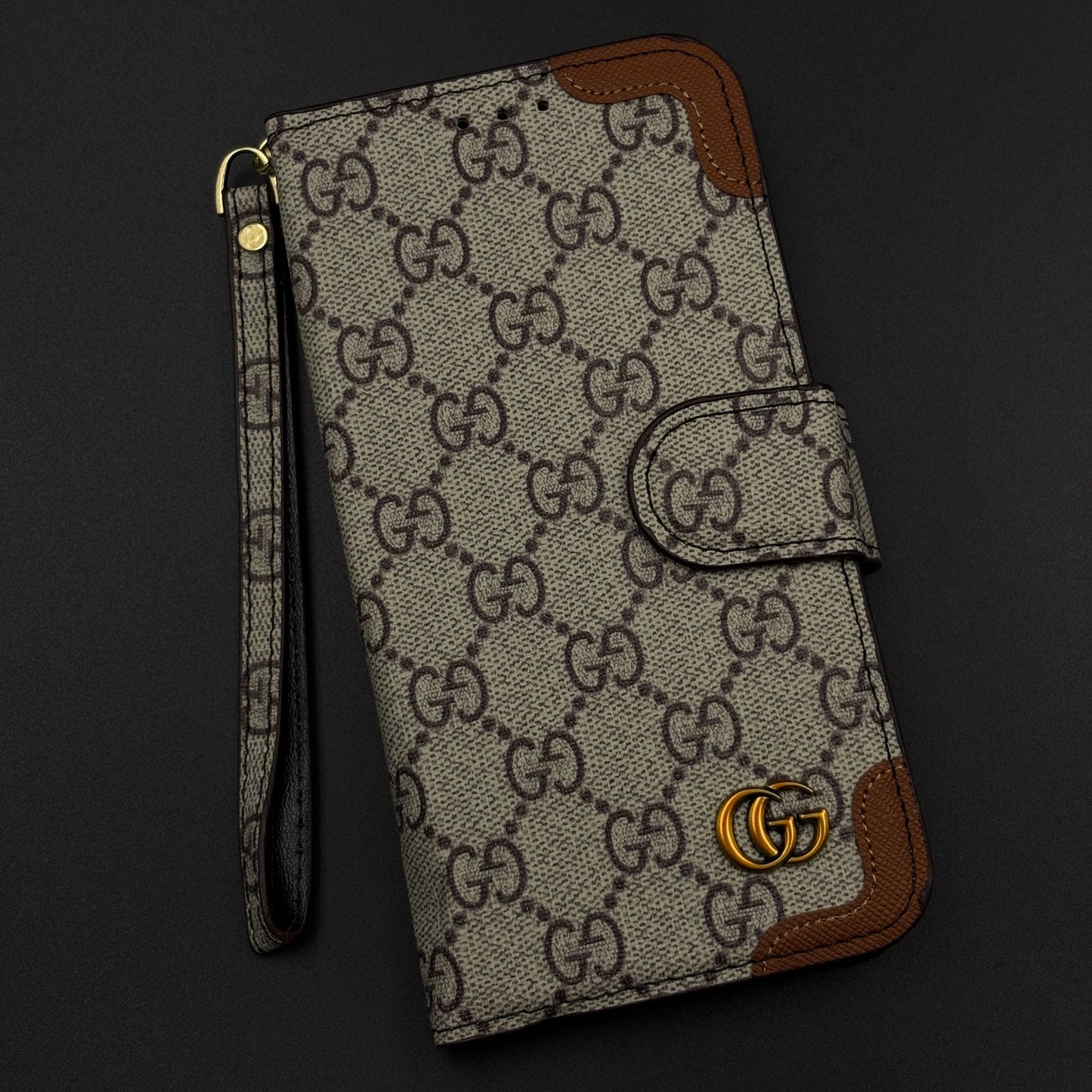 GG Monogram Flip Wallet Case for iPhone 16 Pro Max with Card Slots | ID Window & Wrist Strap