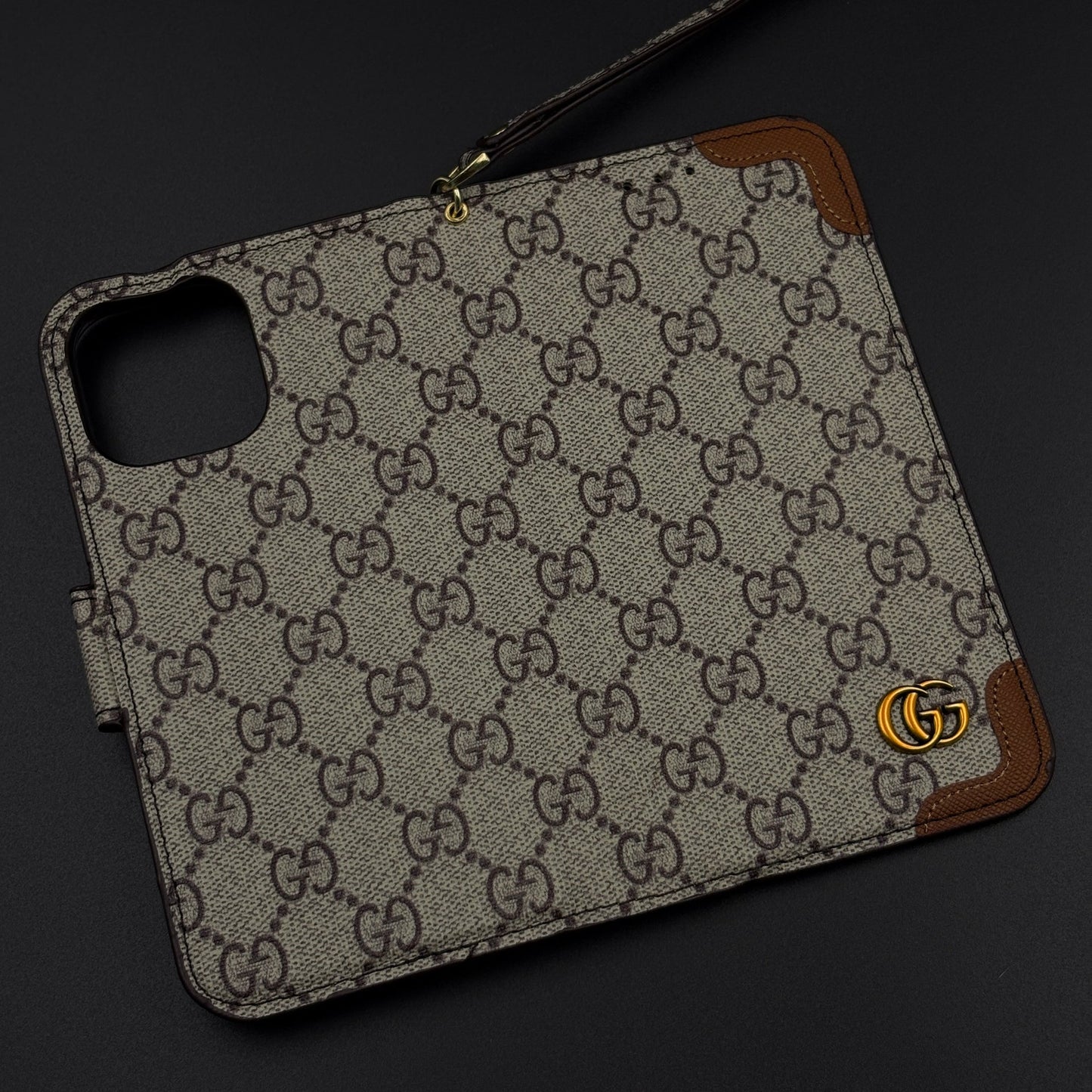 GG Monogram Flip Wallet Case for iPhone 16 Pro Max with Card Slots | ID Window & Wrist Strap