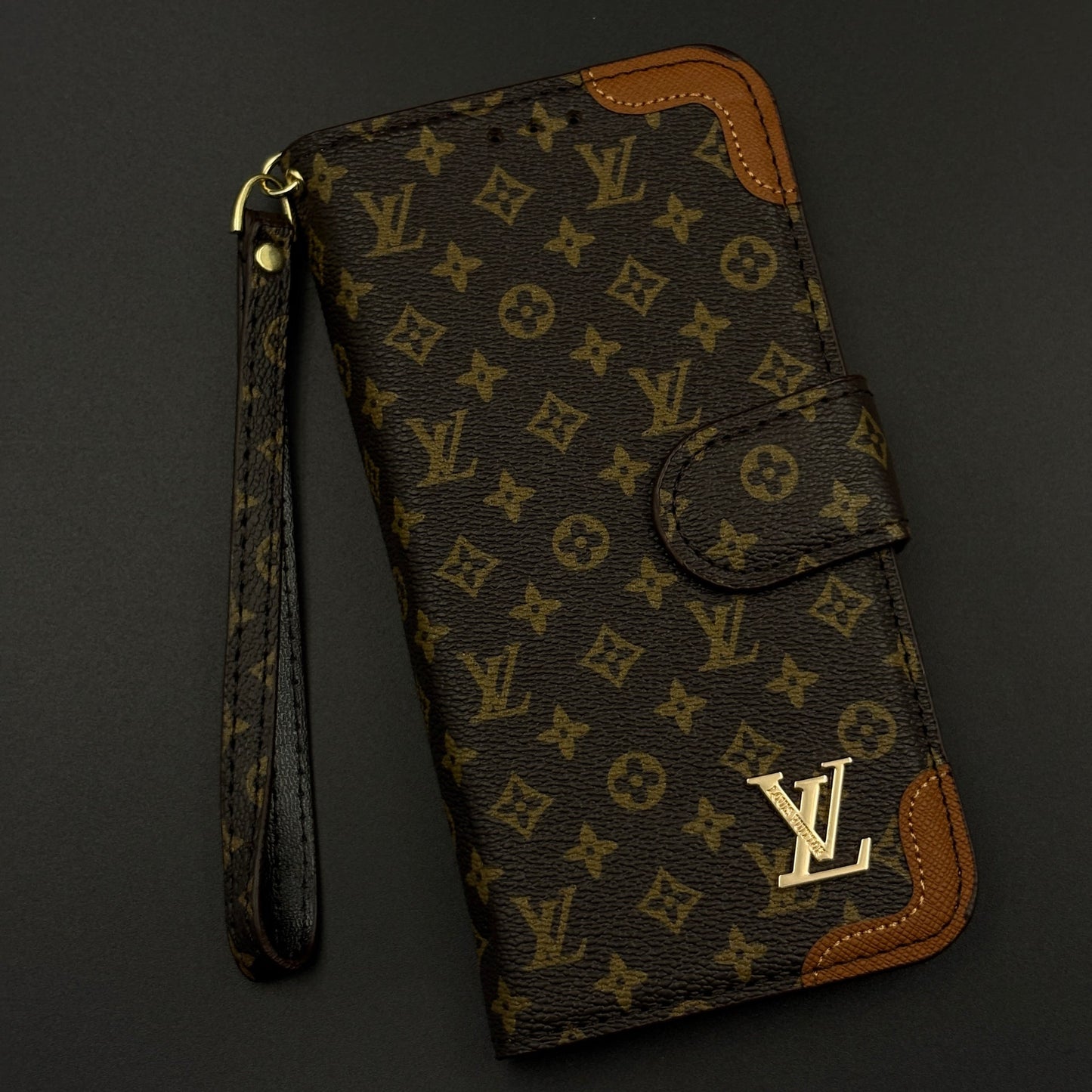 Monogram Flip Wallet Case for iPhone 16 Pro Max with Card Slots | ID Window & Wrist Strap