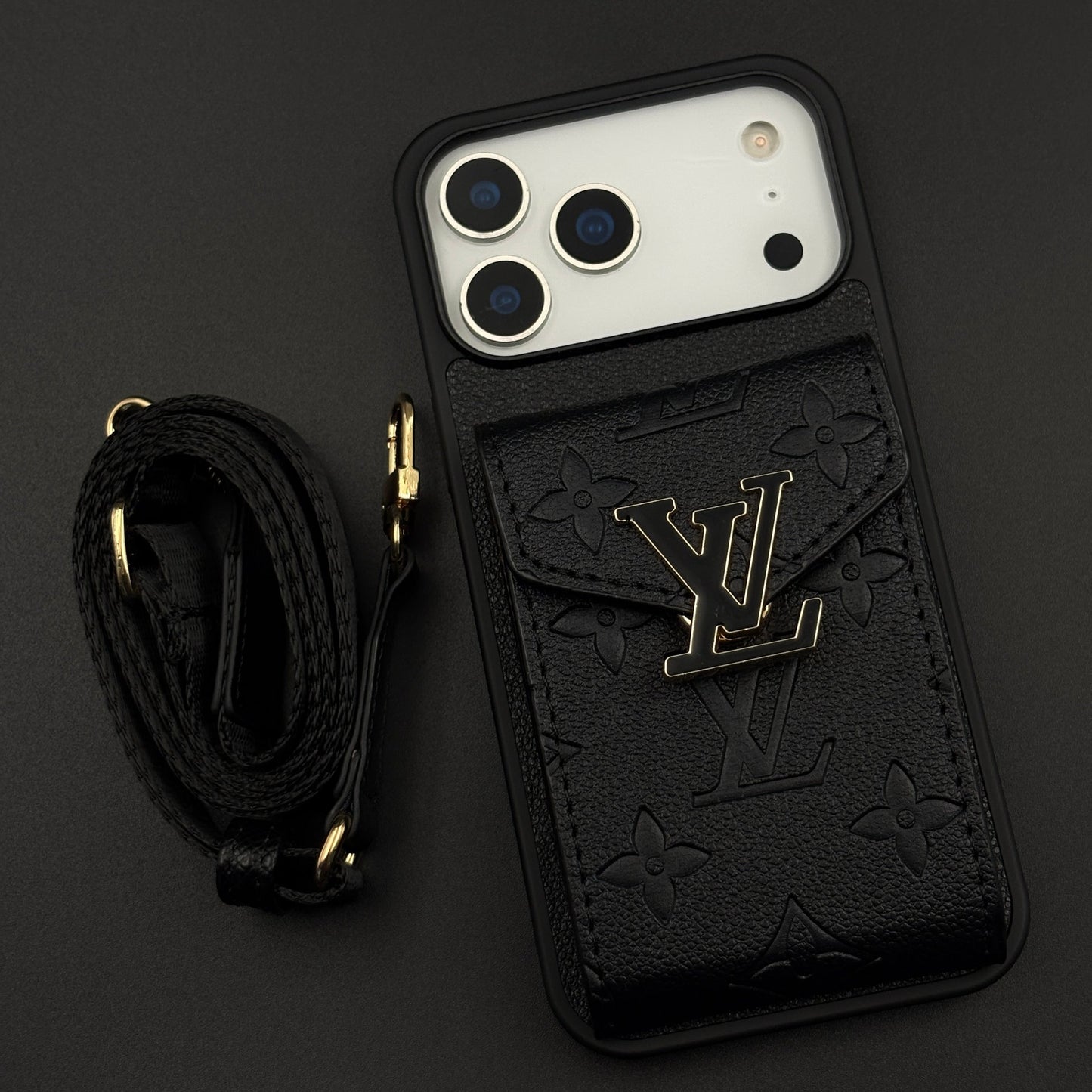 Luxury Fashion Brand Embossed Monogram Cardholder Sling Case for iPhone 17 Series