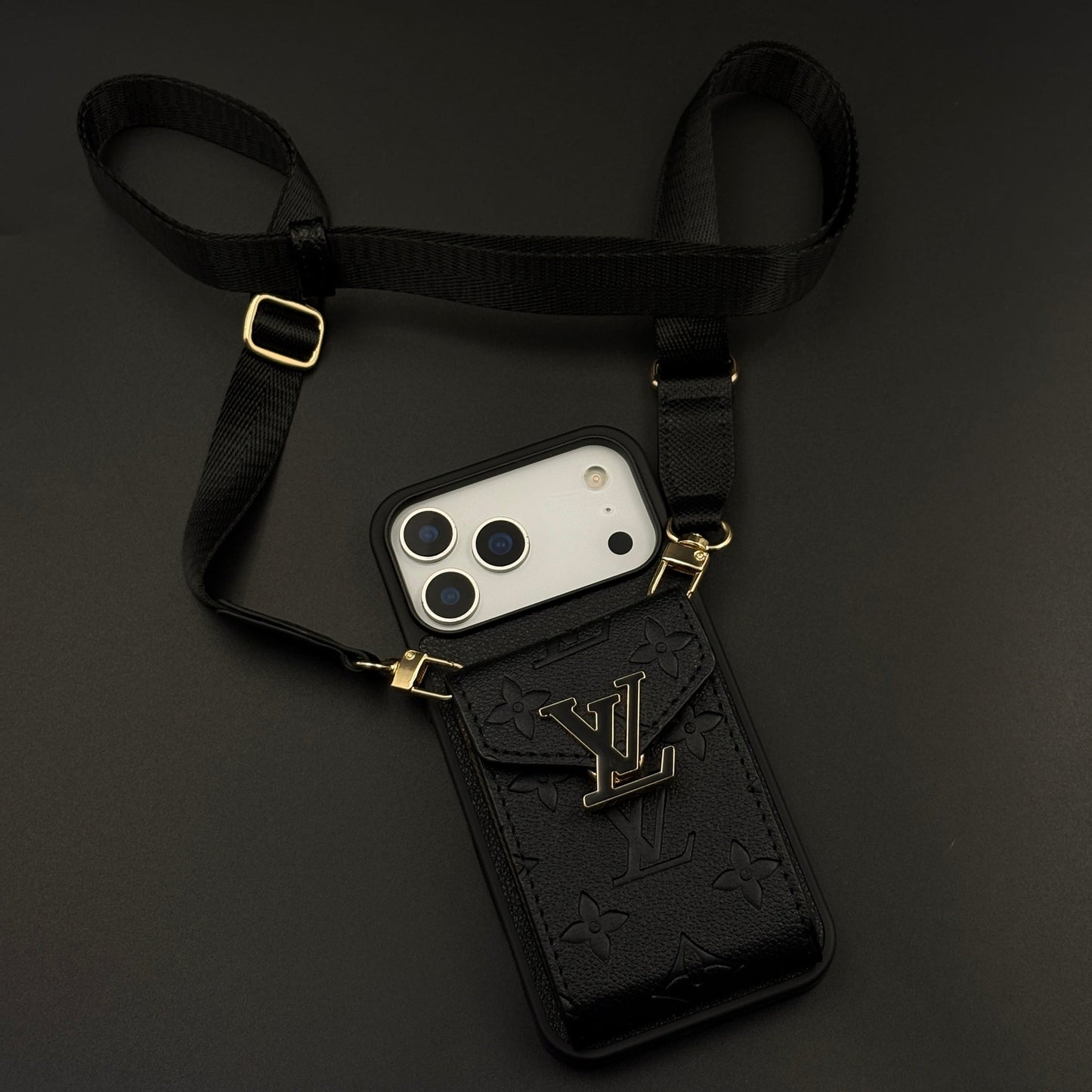 Luxury Fashion Brand Embossed Monogram Cardholder Sling Case for iPhone 17 Series