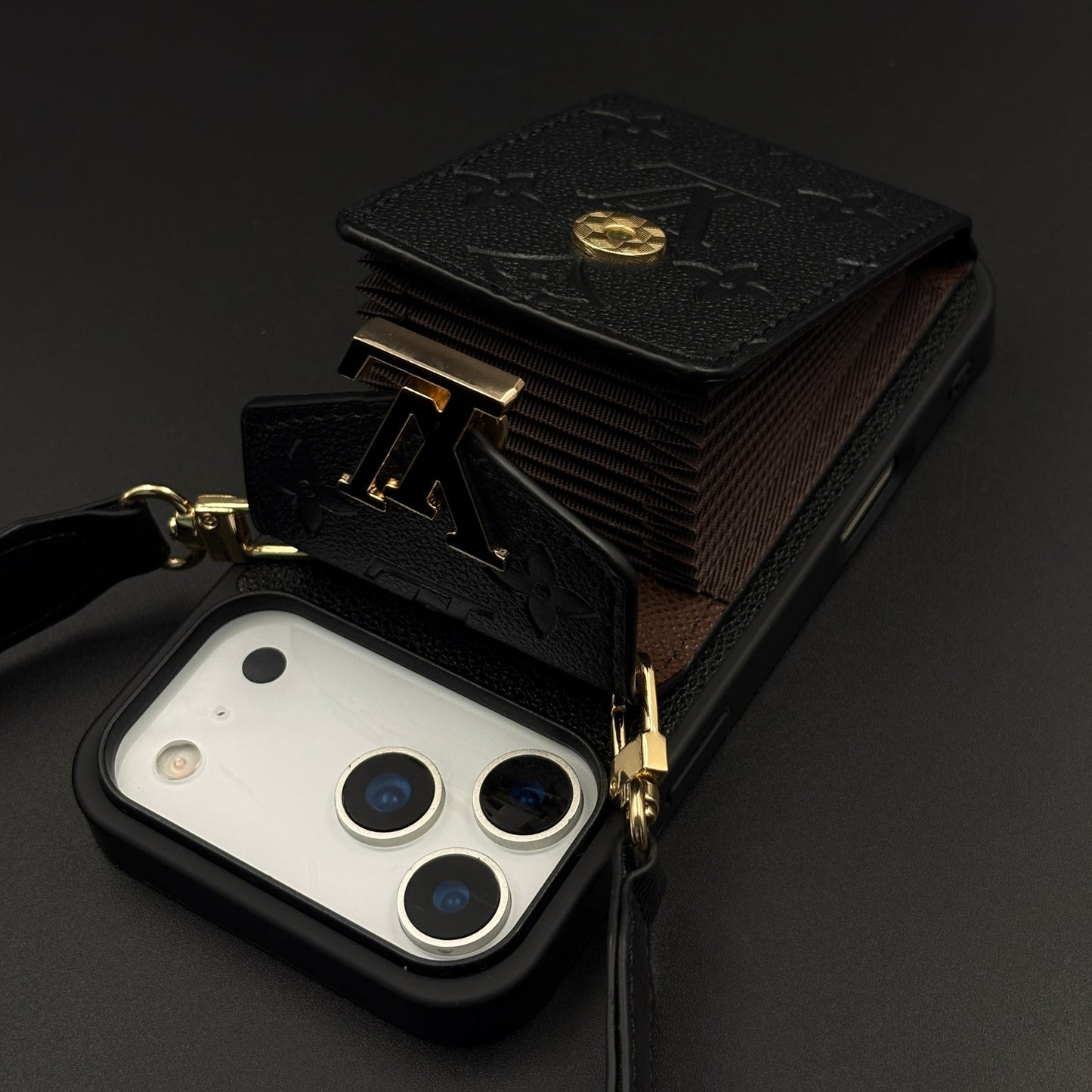 Luxury Fashion Brand Embossed Monogram Cardholder Sling Case for iPhone 17 Series