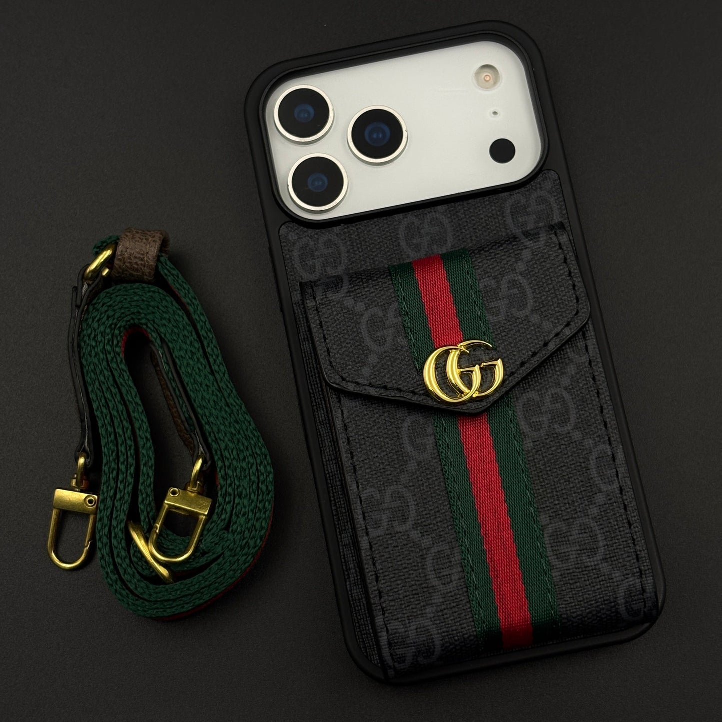 Luxury Monogram Wallet Cardholder Crossbody Black Case for iPhone 17 Series with Detachable Sling