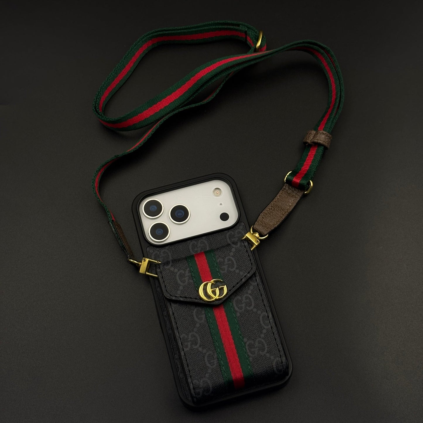 Luxury Monogram Wallet Cardholder Crossbody Black Case for iPhone 17 Series with Detachable Sling