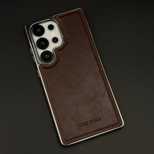 Leather Texture Stitched Chrome Border Mobile Case Cover for Samsung Galaxy S25 Ultra