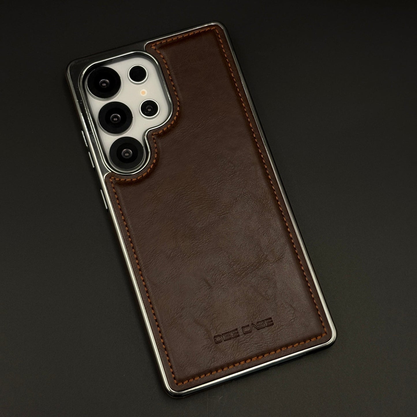 Leather Texture Stitched Chrome Border Mobile Case Cover for Samsung Galaxy S24 Ultra