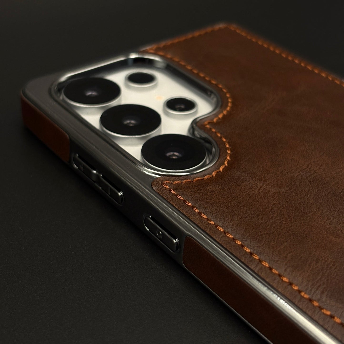 Leather Texture Stitched Chrome Border Mobile Case Cover for Samsung Galaxy S24 Ultra