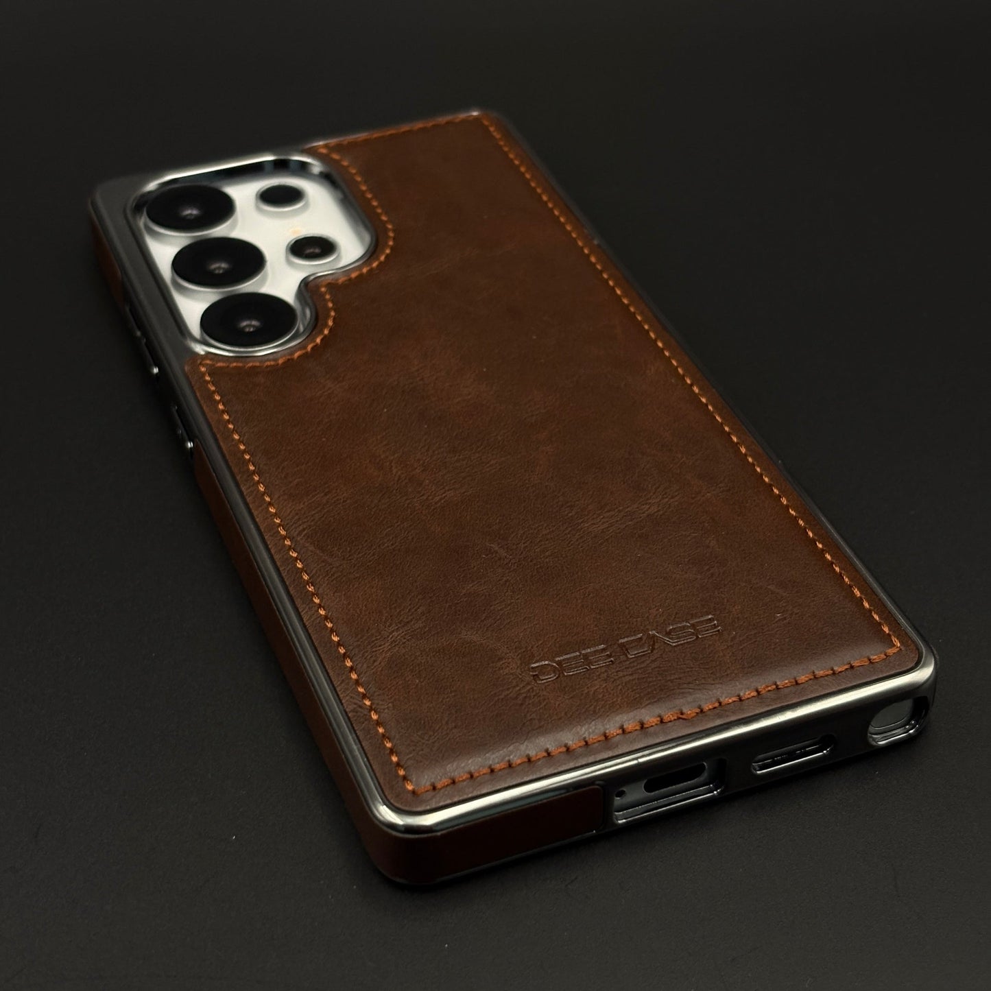 Leather Texture Stitched Chrome Border Mobile Case Cover for Samsung Galaxy S25 Ultra