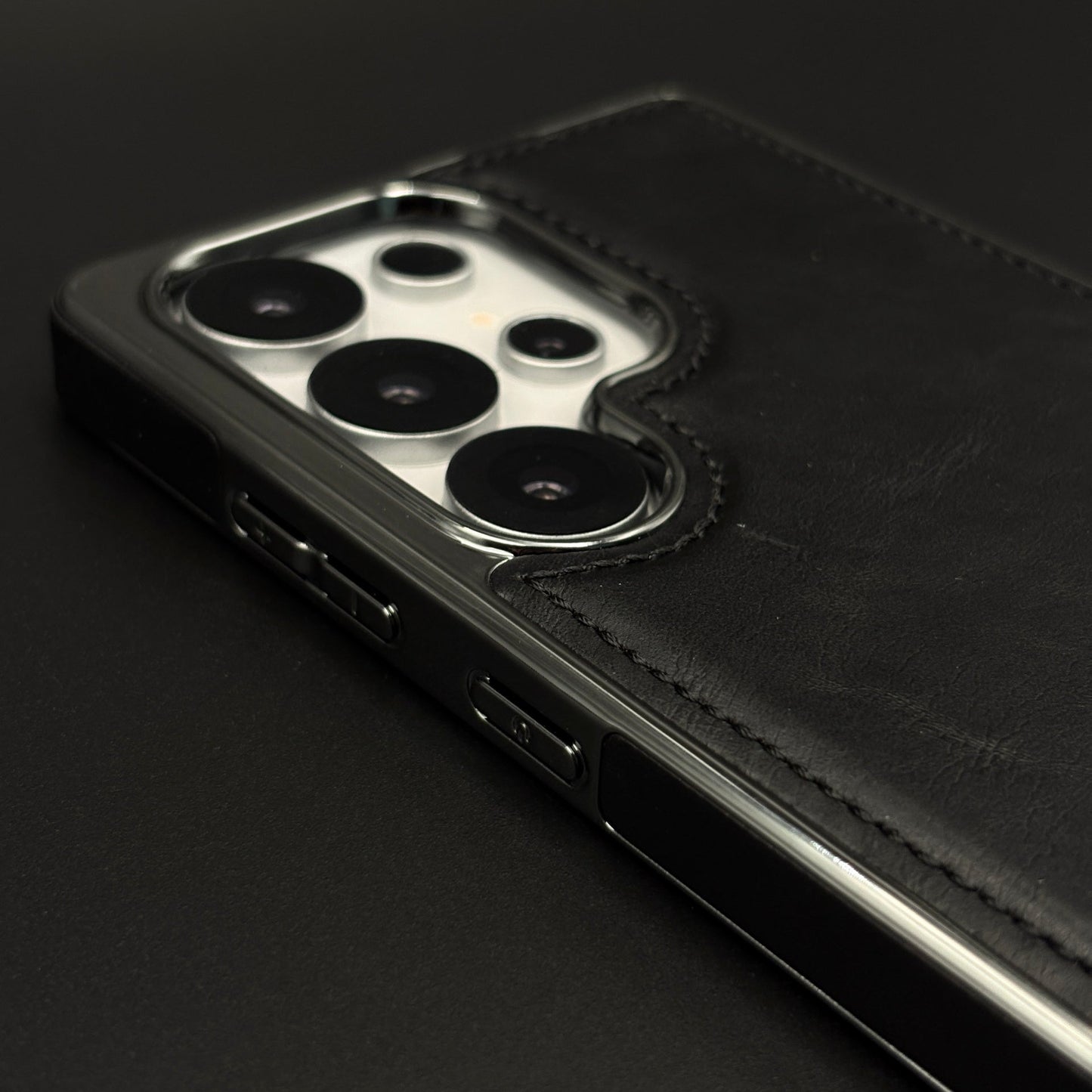 Leather Texture Stitched Chrome Border Mobile Case Cover for Samsung Galaxy S25 Ultra