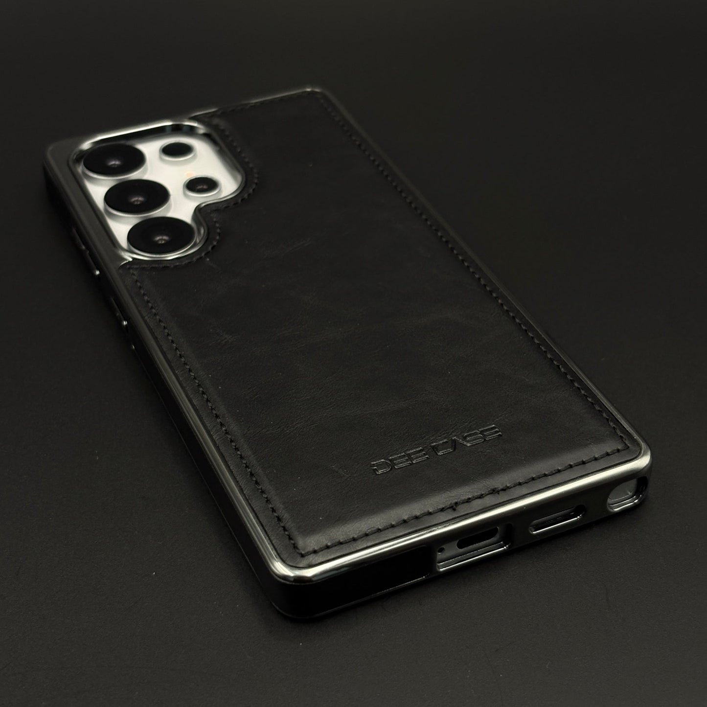 Leather Texture Stitched Chrome Border Mobile Case Cover for Samsung Galaxy S24 Ultra