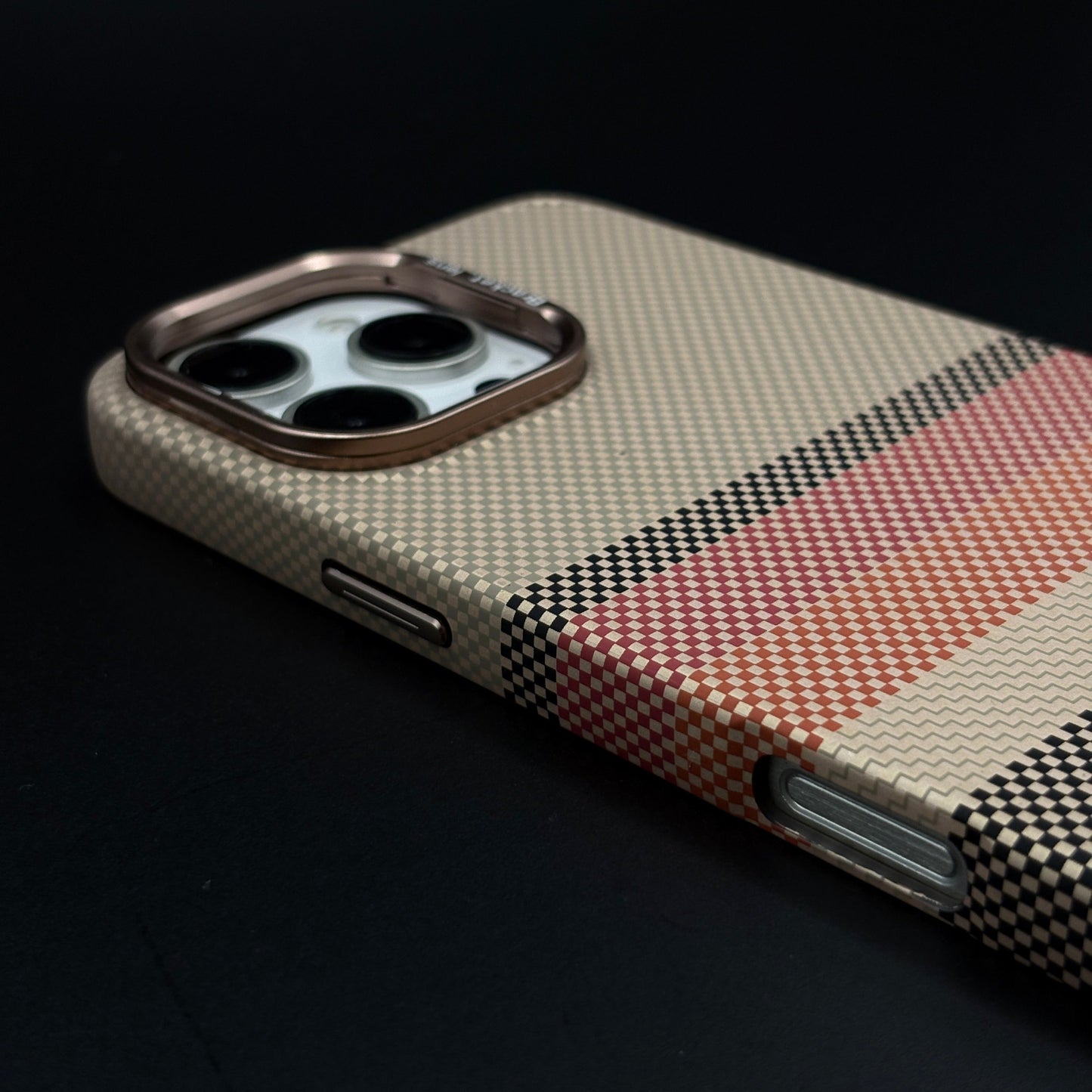 iPhone Aramid Multi-Stripe Case with Camera Kickstand | Carbon Fibre Feel | Hidden MagSafe | Beige Stripe Design