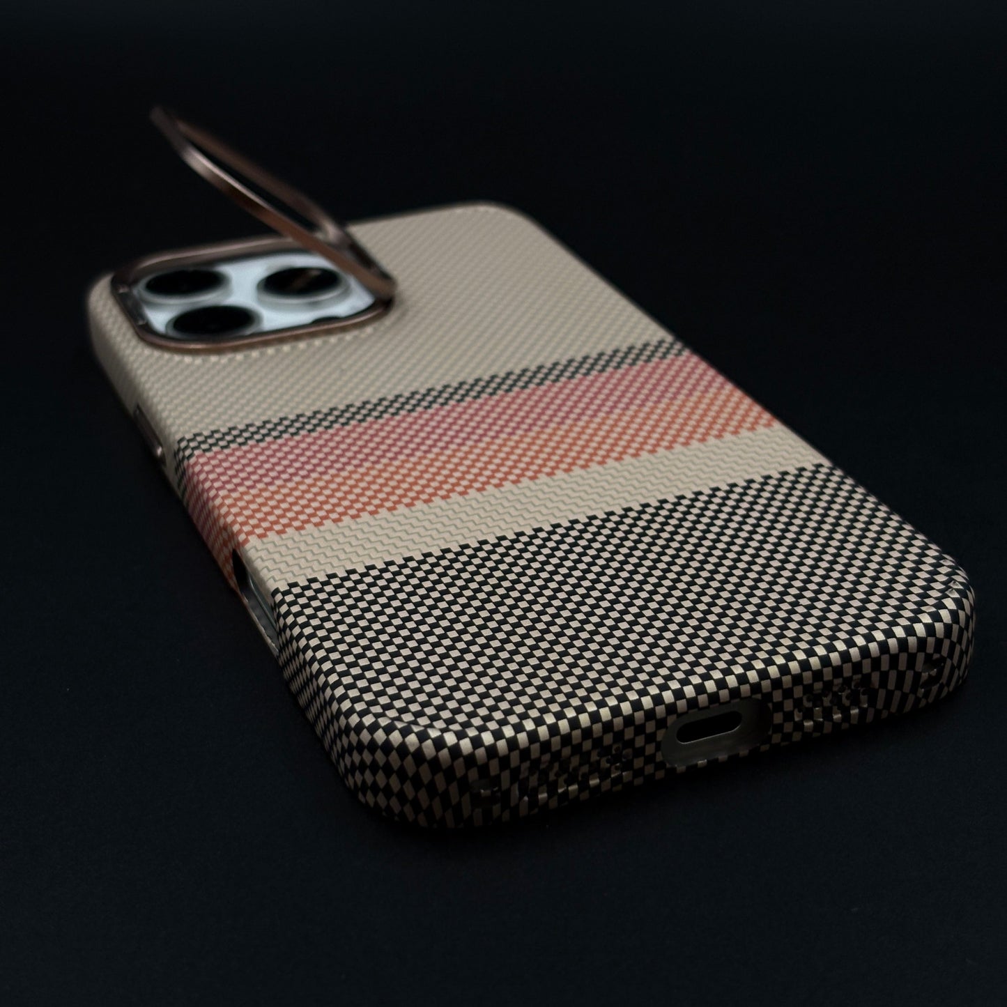 iPhone Aramid Multi-Stripe Case with Camera Kickstand | Carbon Fibre Feel | Hidden MagSafe | Beige Stripe Design