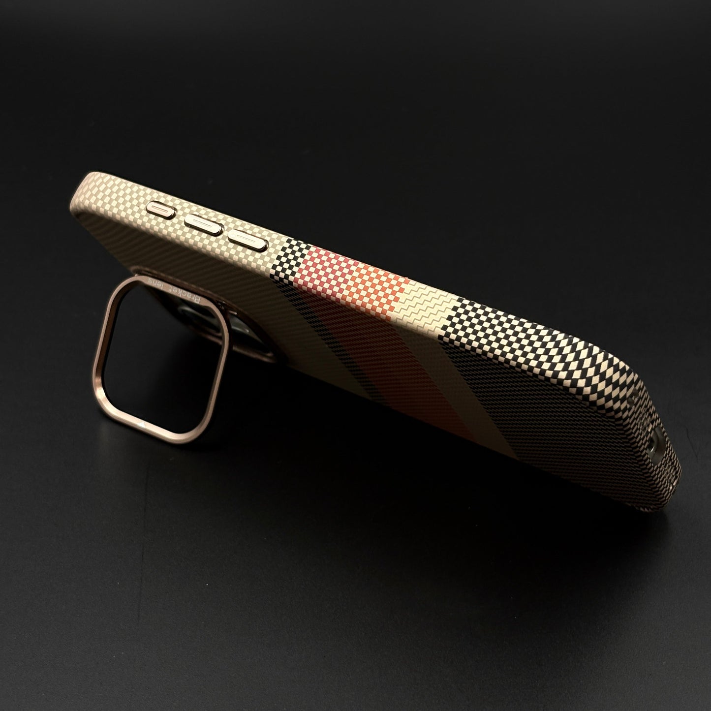 iPhone Aramid Multi-Stripe Case with Camera Kickstand | Carbon Fibre Feel | Hidden MagSafe | Beige Stripe Design