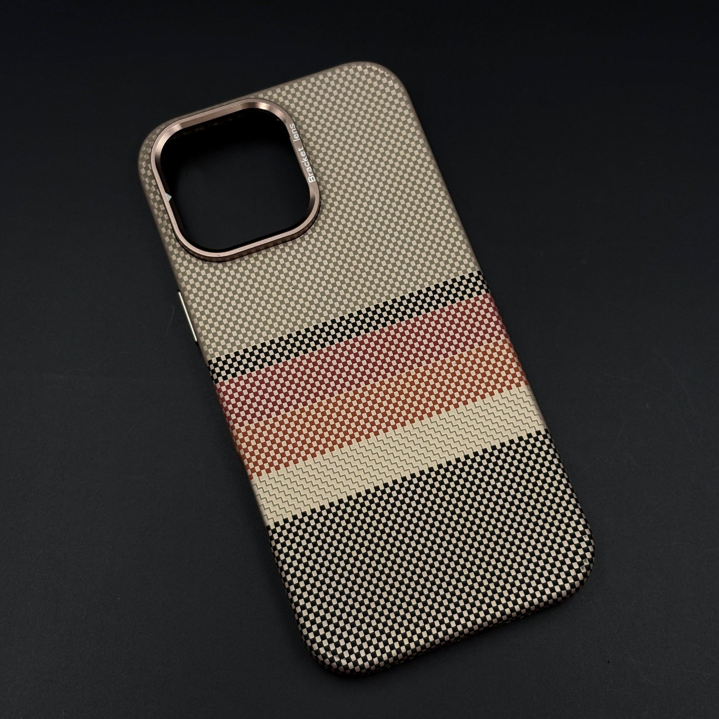 iPhone Aramid Multi-Stripe Case with Camera Kickstand | Carbon Fibre Feel | Hidden MagSafe | Beige Stripe Design