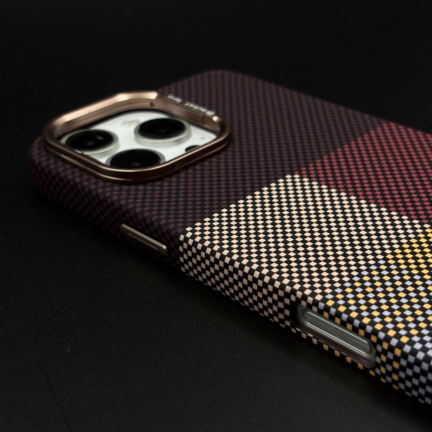 iPhone Aramid Maroon Block Case with Camera Kickstand | Carbon Fibre Feel | Modern Color Design | MagSafe Compatible