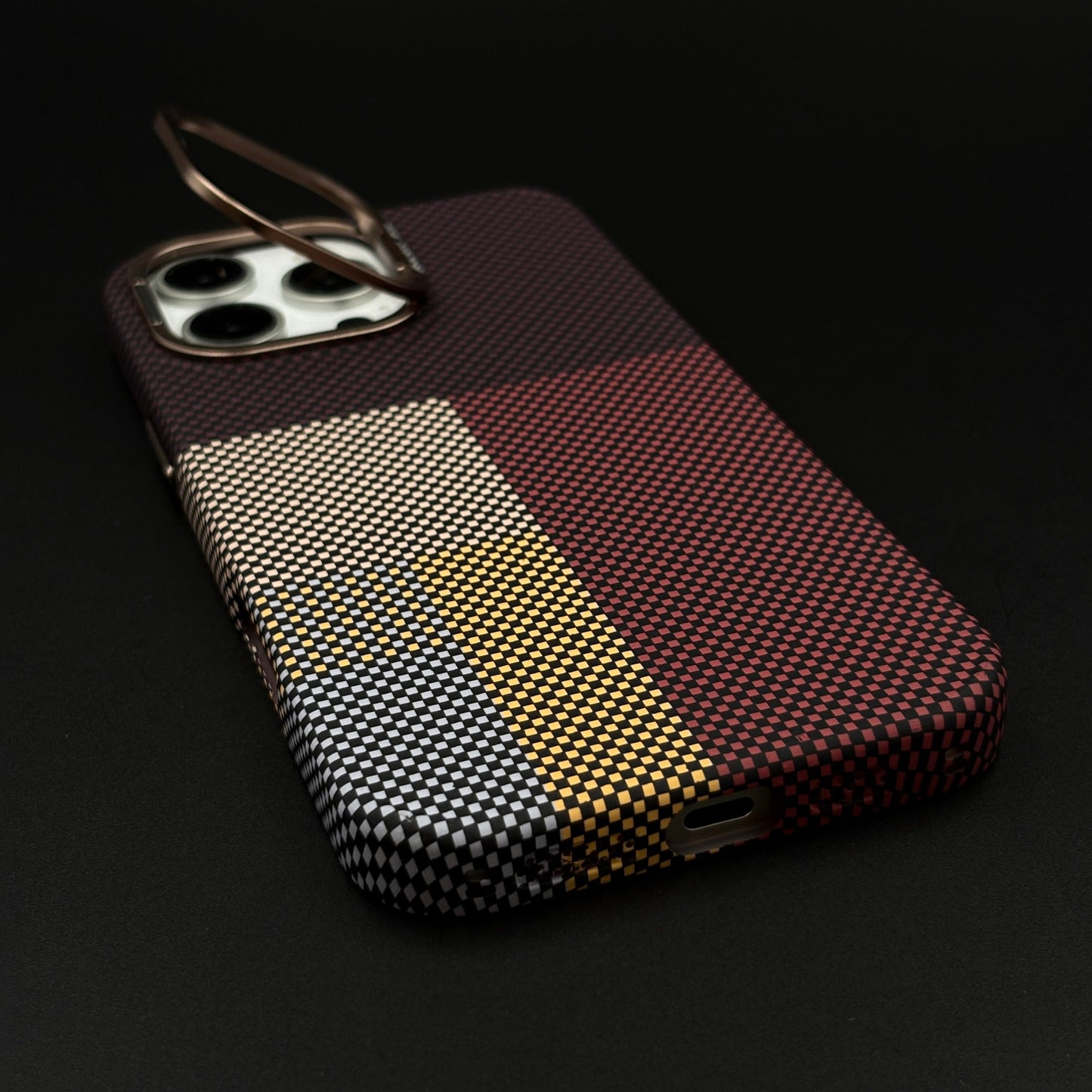 iPhone Aramid Maroon Block Case with Camera Kickstand | Carbon Fibre Feel | Modern Color Design | MagSafe Compatible