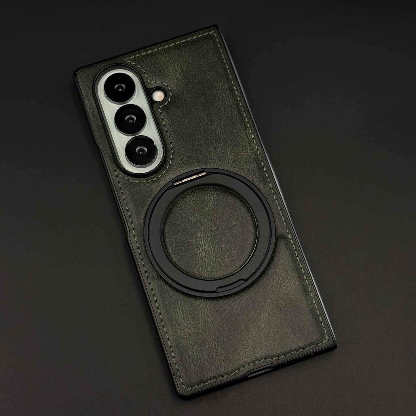 Leather Texture Stitched MagSafe Metal Rotating Stand Mobile Case Cover for Samsung Galaxy Z Fold 7