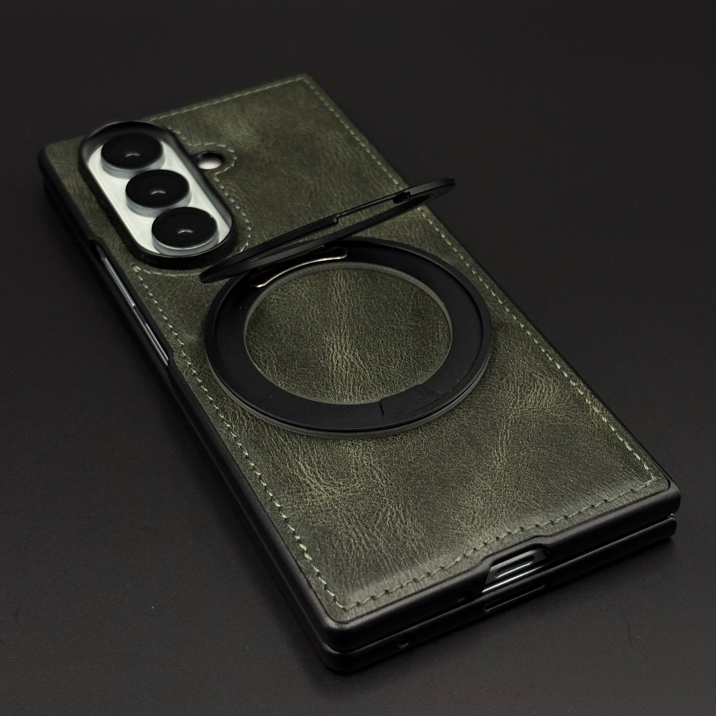 Leather Texture Stitched MagSafe Metal Rotating Stand Mobile Case Cover for Samsung Galaxy Z Fold 6