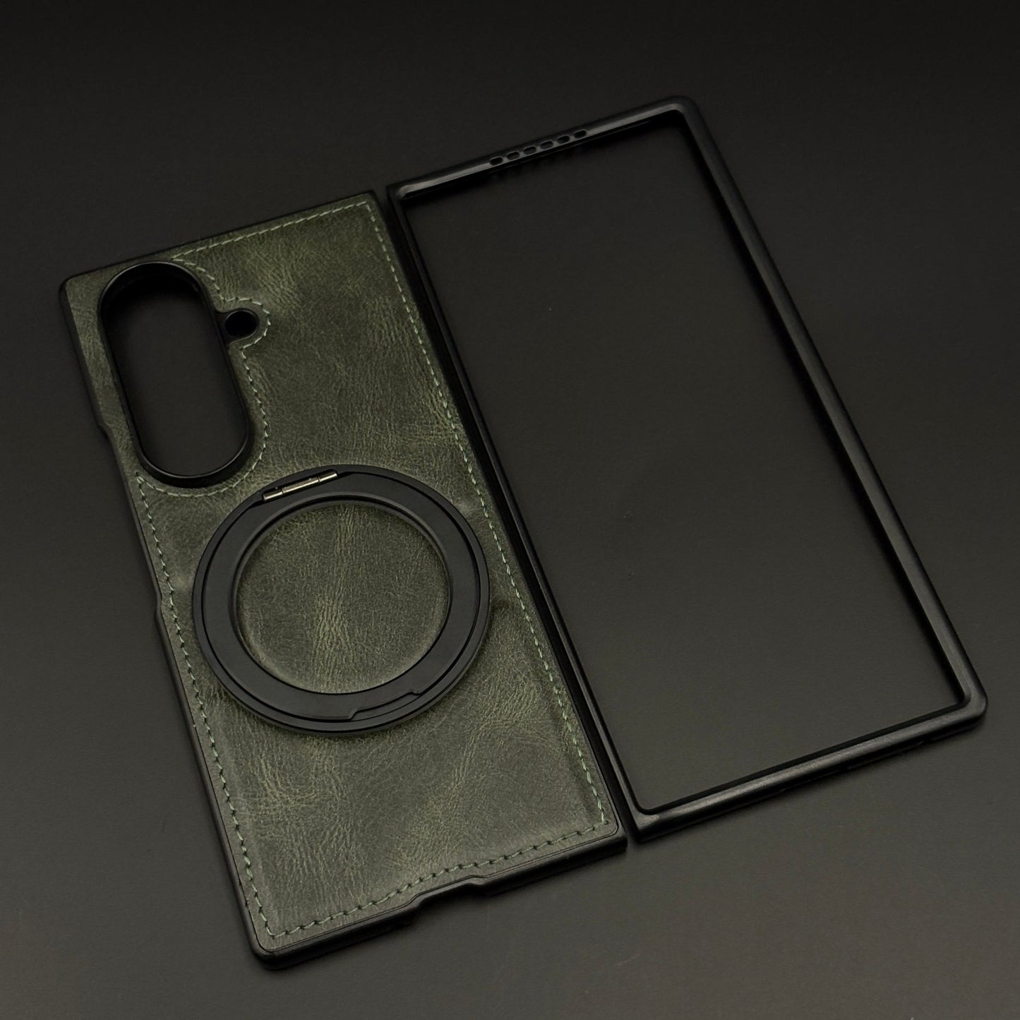 Leather Texture Stitched MagSafe Metal Rotating Stand Mobile Case Cover for Samsung Galaxy Z Fold 6