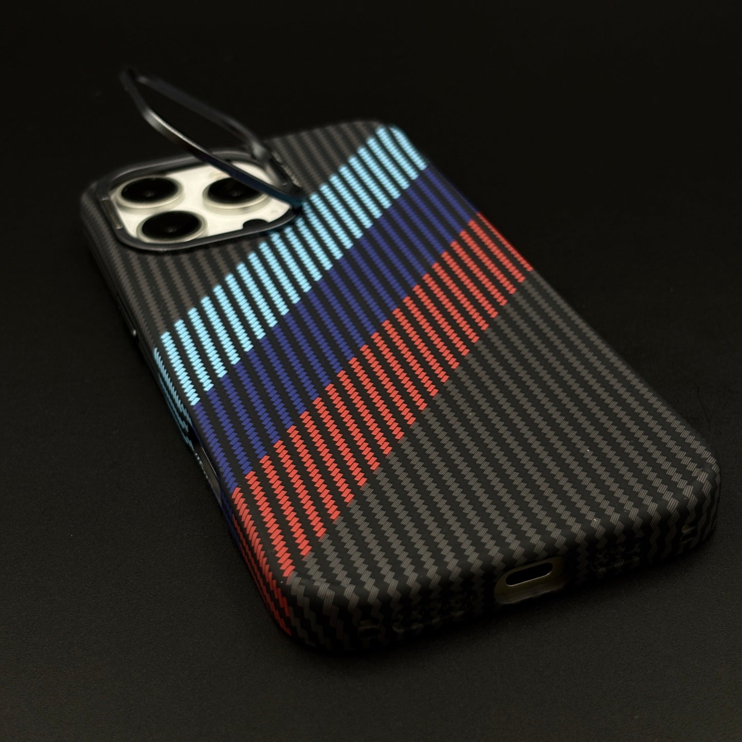 iPhone Aramid Texture Camera Kickstand Phone Case Cover | 3 Stripe Color | Carbon Fibre Feel | Hidden MagSafe