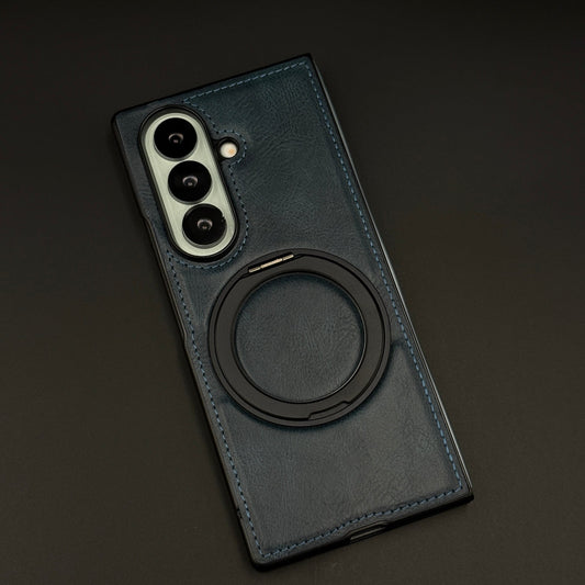 Leather Texture Stitched MagSafe Metal Rotating Stand Mobile Case Cover for Samsung Galaxy Z Fold 7