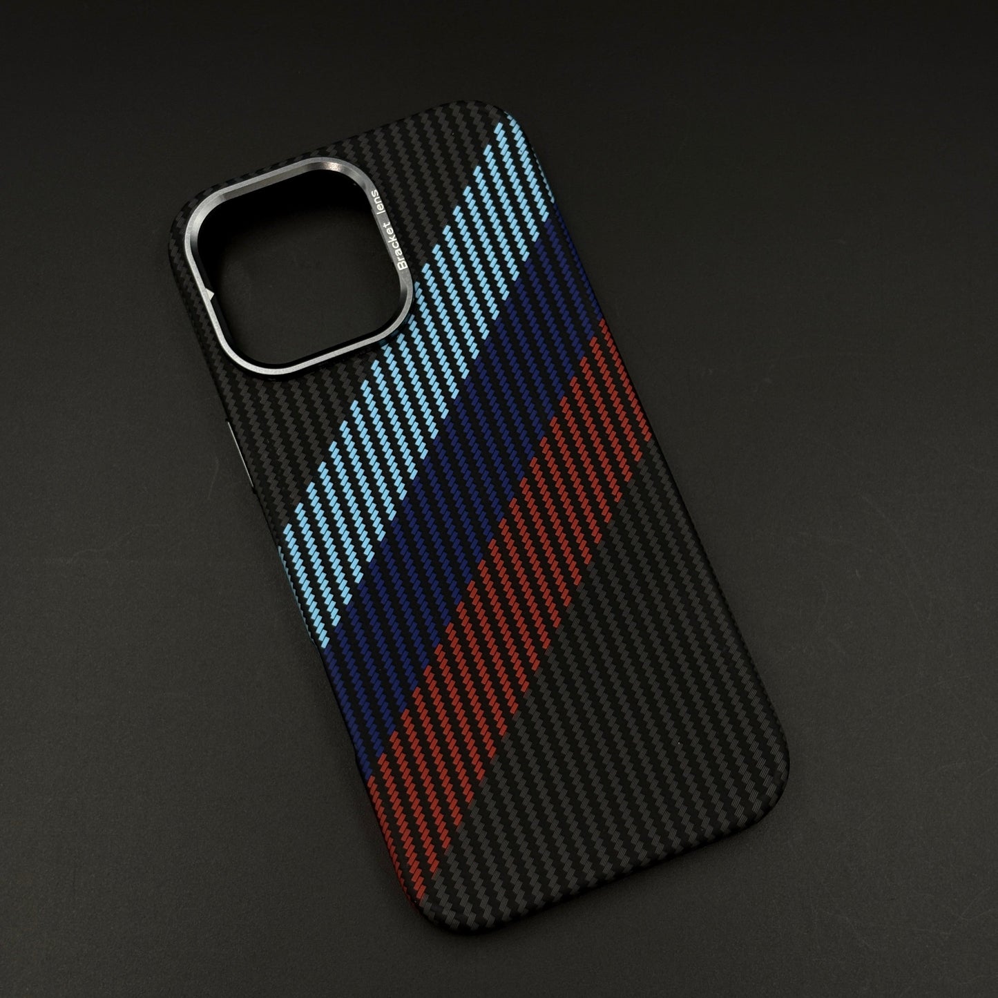 iPhone Aramid Texture Camera Kickstand Phone Case Cover | 3 Stripe Color | Carbon Fibre Feel | Hidden MagSafe