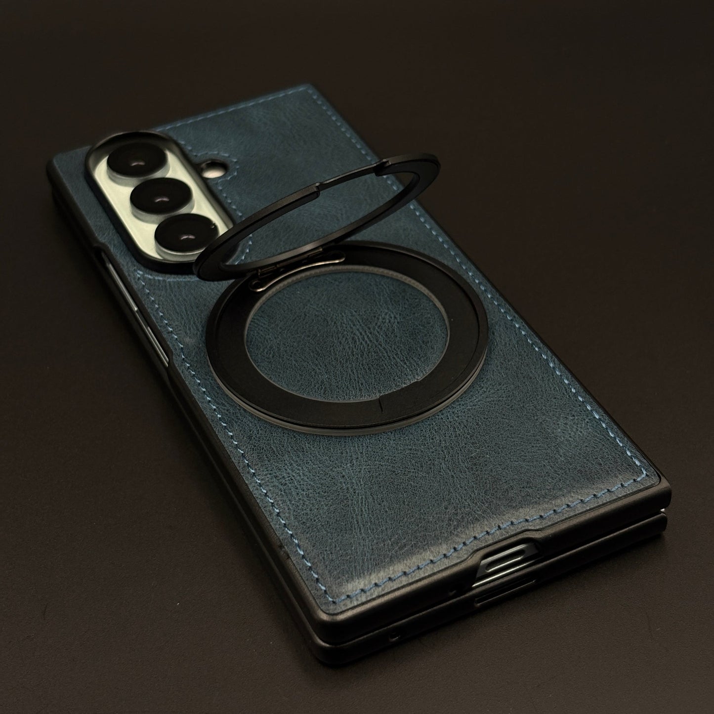 Leather Texture Stitched MagSafe Metal Rotating Stand Mobile Case Cover for Samsung Galaxy Z Fold 7
