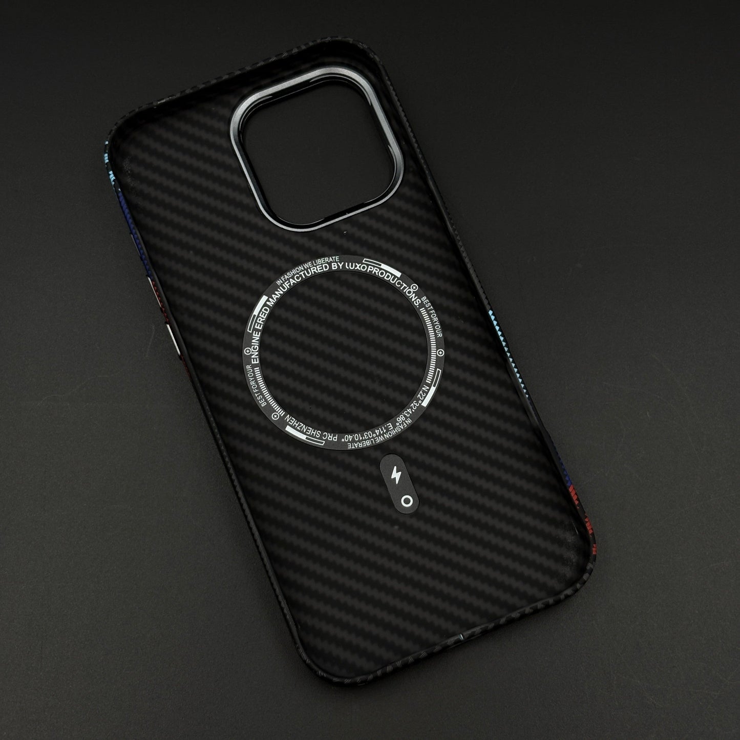 iPhone Aramid Texture Camera Kickstand Phone Case Cover | 3 Stripe Color | Carbon Fibre Feel | Hidden MagSafe